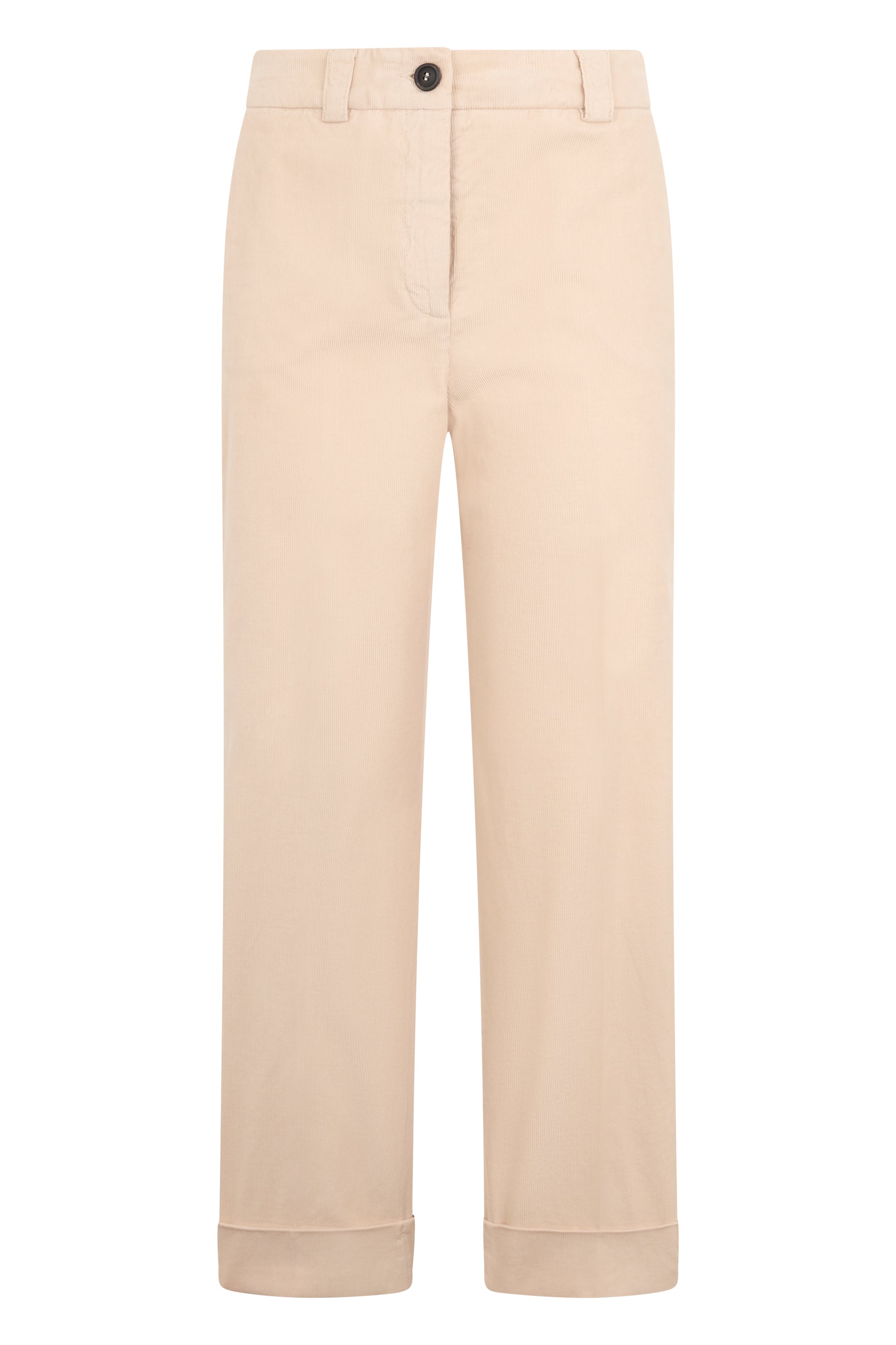 Beige pants with a straight cut to the calf, minimalist and versatile.