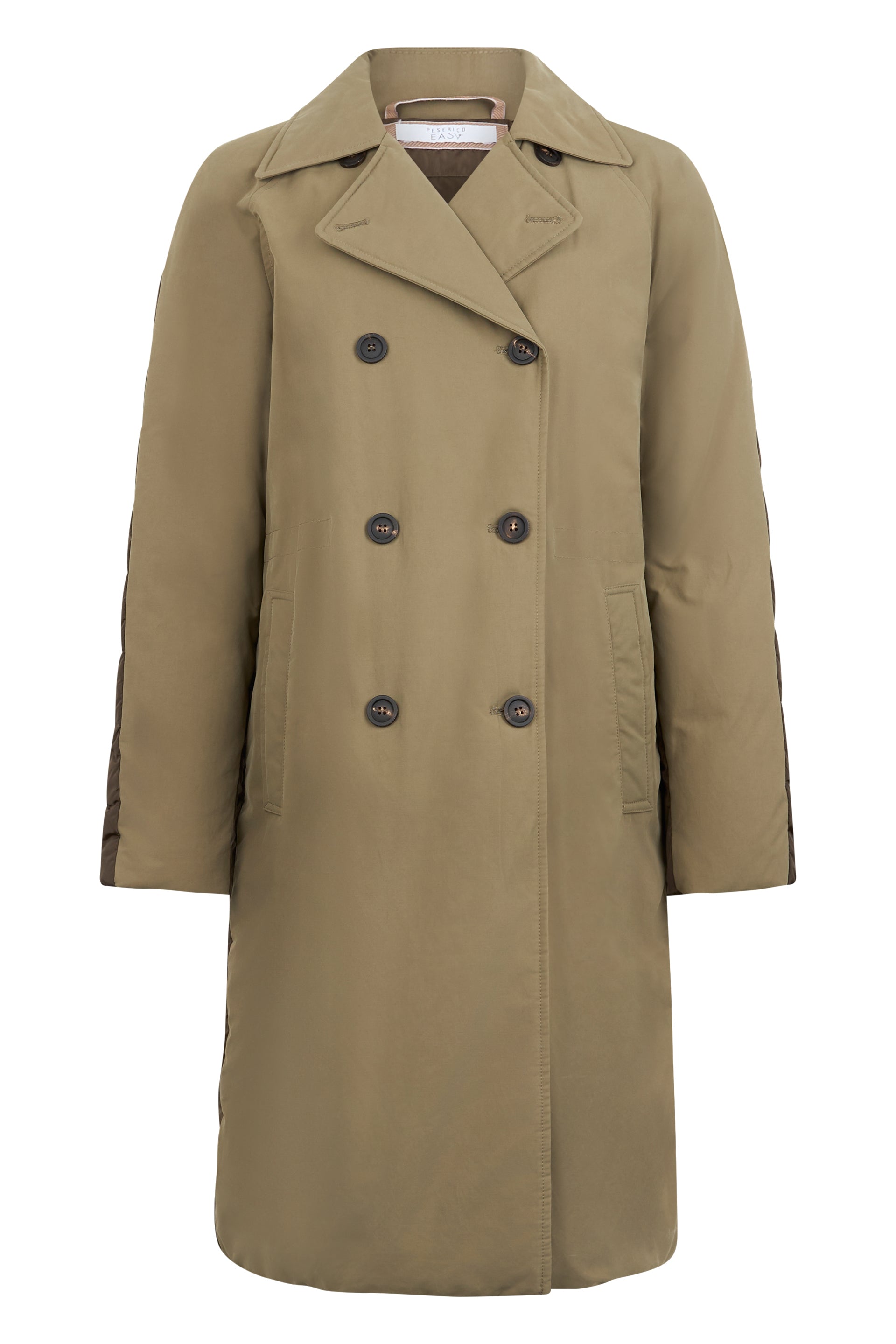 Beige long trench coat with double-breasted closure and elegant and versatile design.