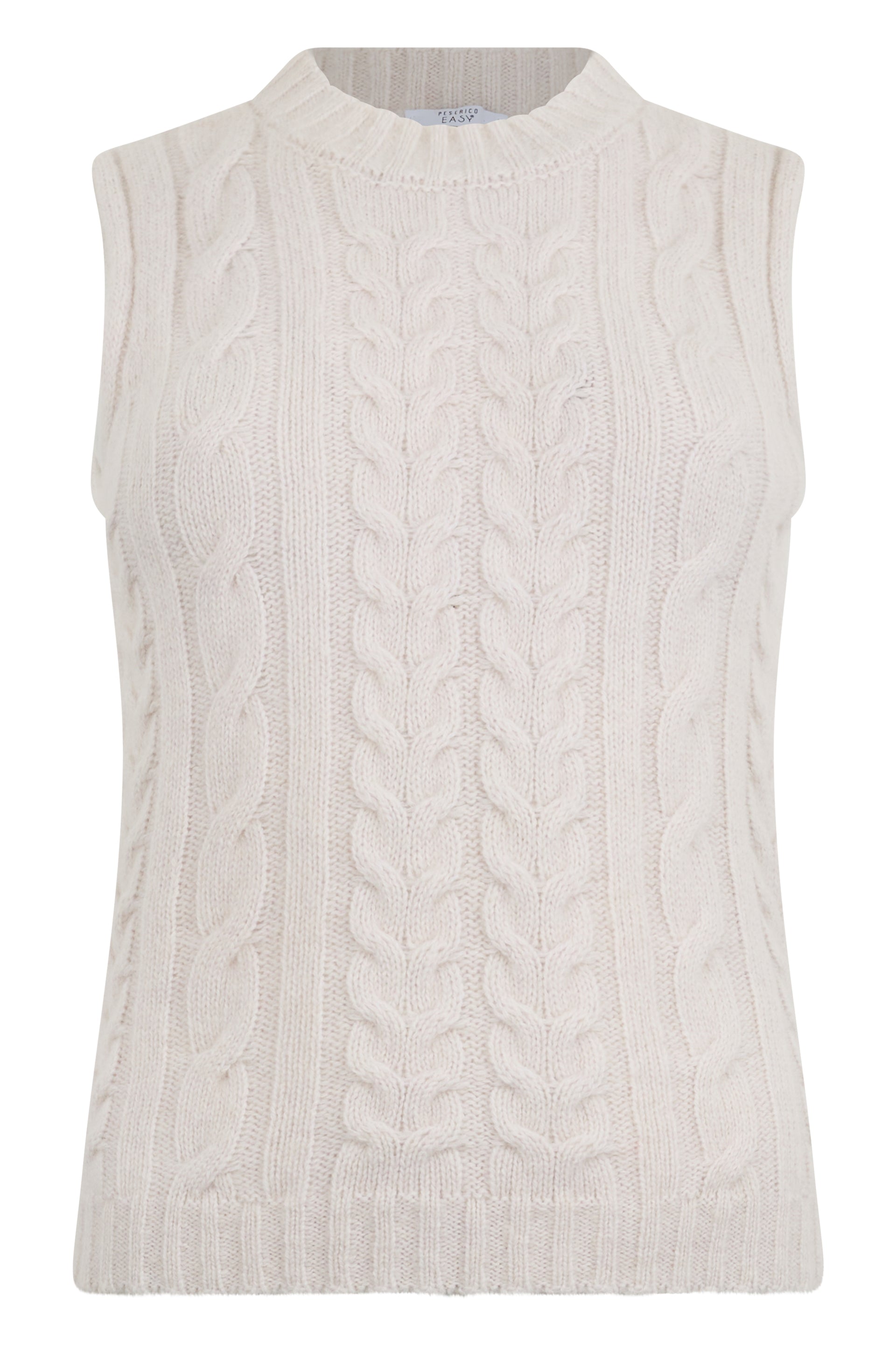 Sleeveless sweater in cream white color with intertwining pattern.