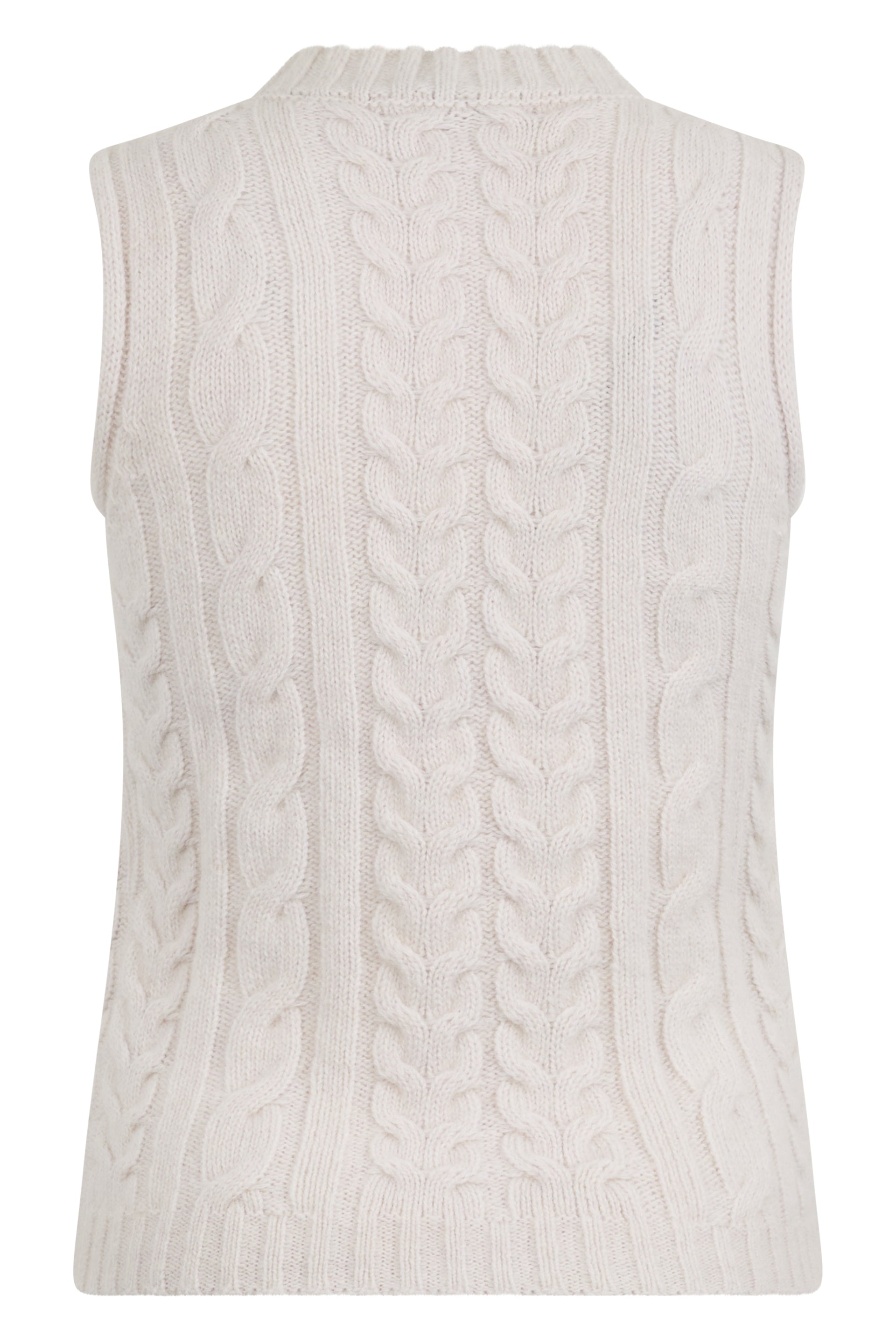 Sleeveless sweater in cream white color with intertwining pattern.
