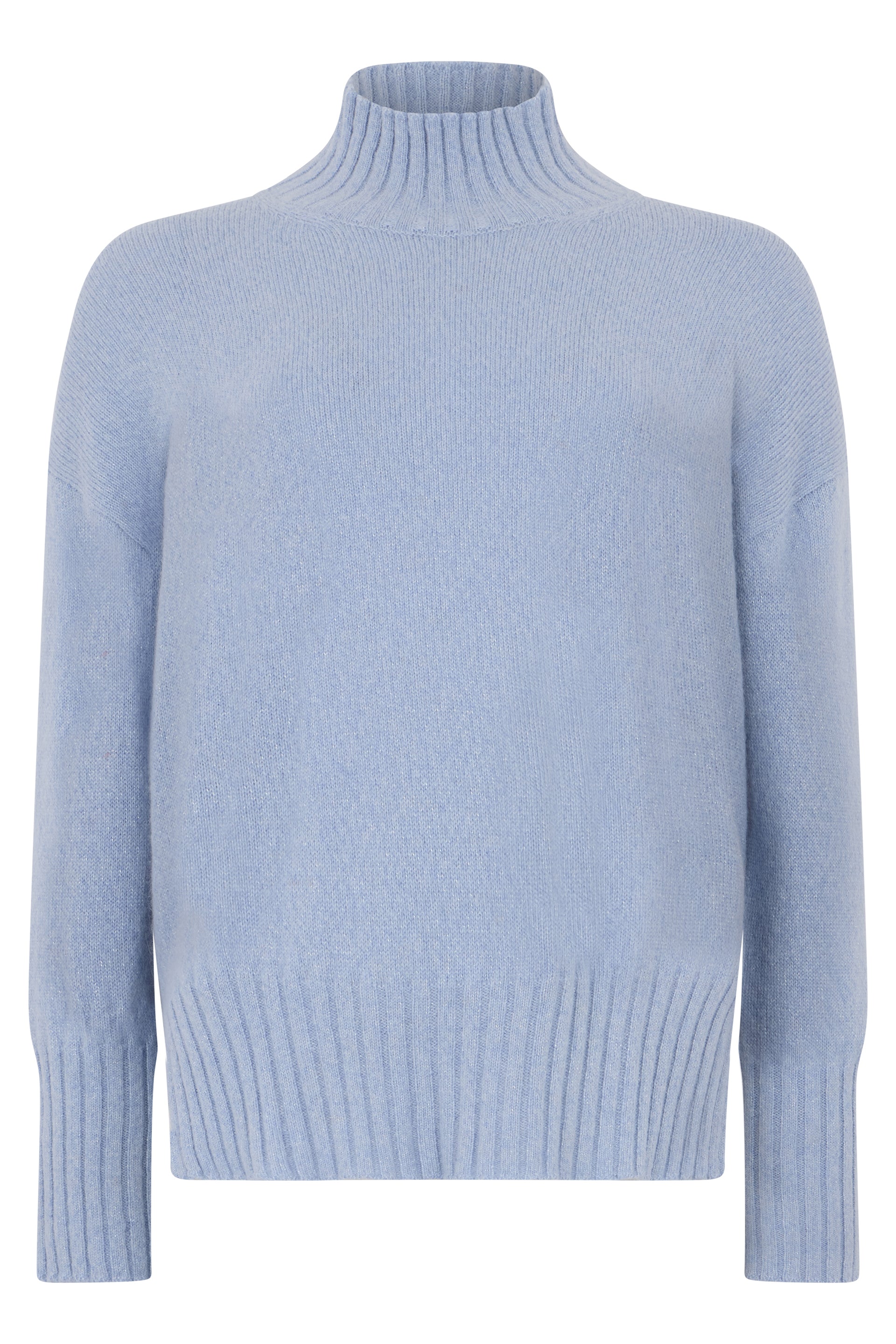 Light blue sweater with a high collar and long sleeves.