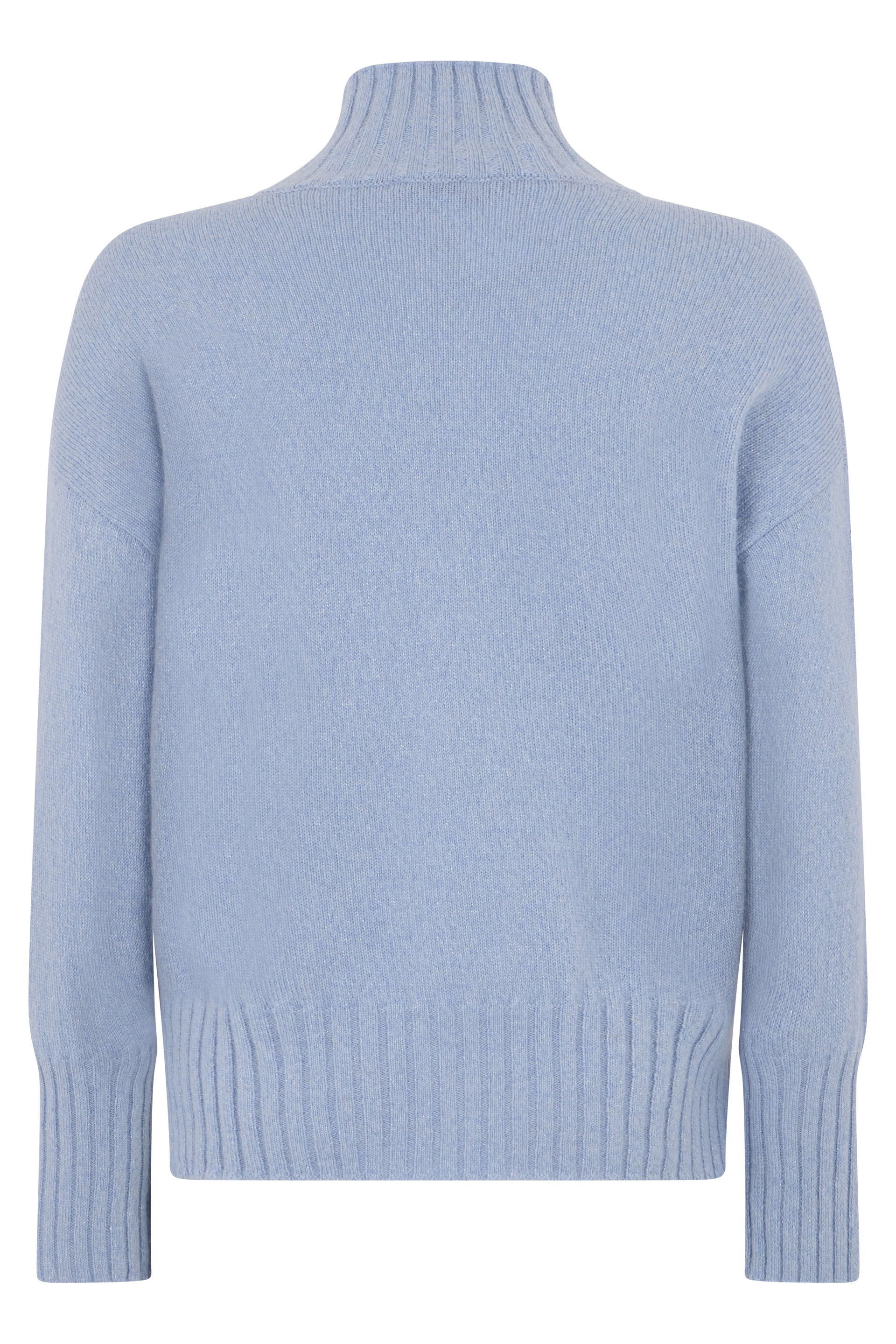 Light blue sweater with a high collar and long sleeves.