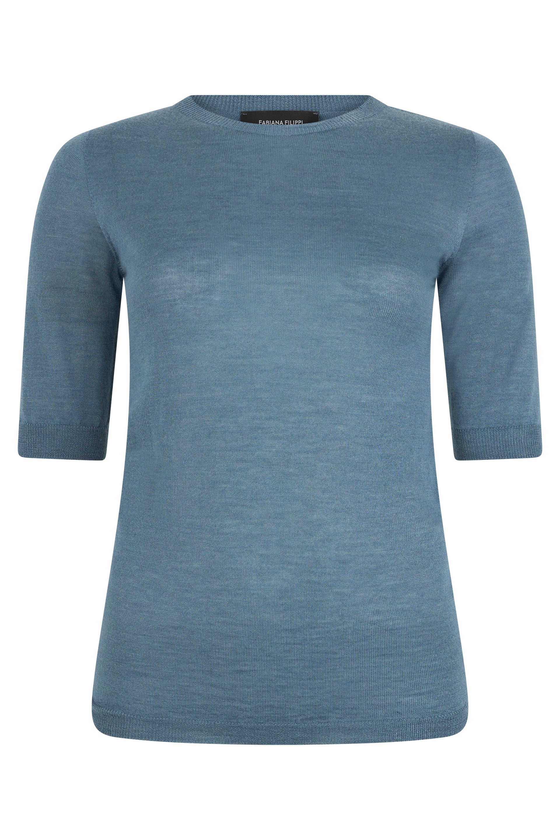 Elegant blue sweater with three-quarter sleeves and a minimalist design.