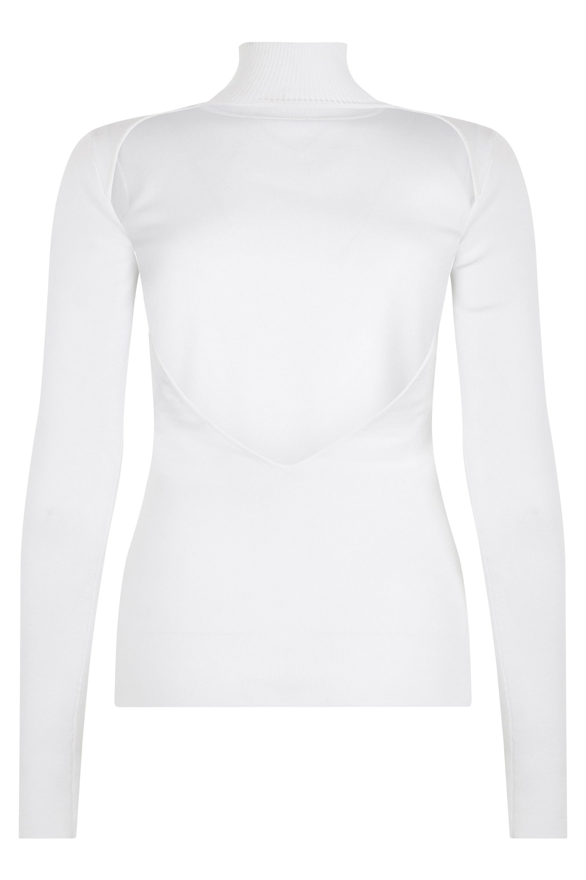 White long-sleeved shirt with high collar, elegant and minimal.