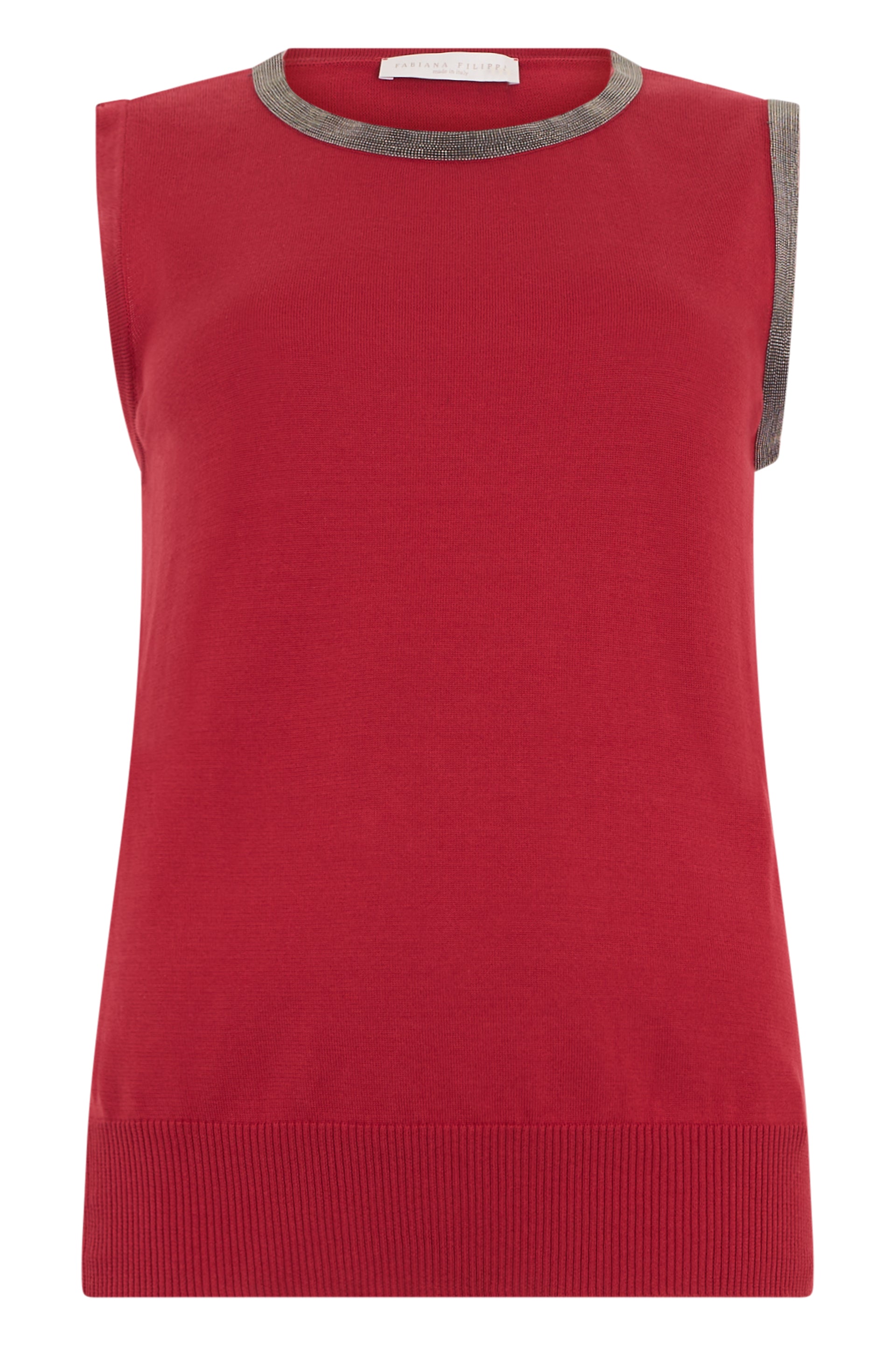 Red sleeveless top elegant with contrasting details.