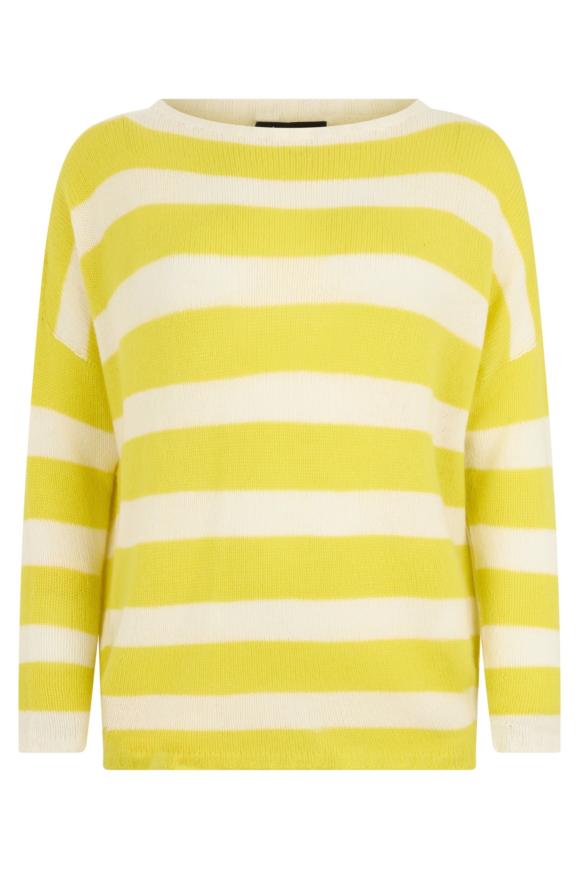 Striped yellow and white sweater, comfortable and versatile.