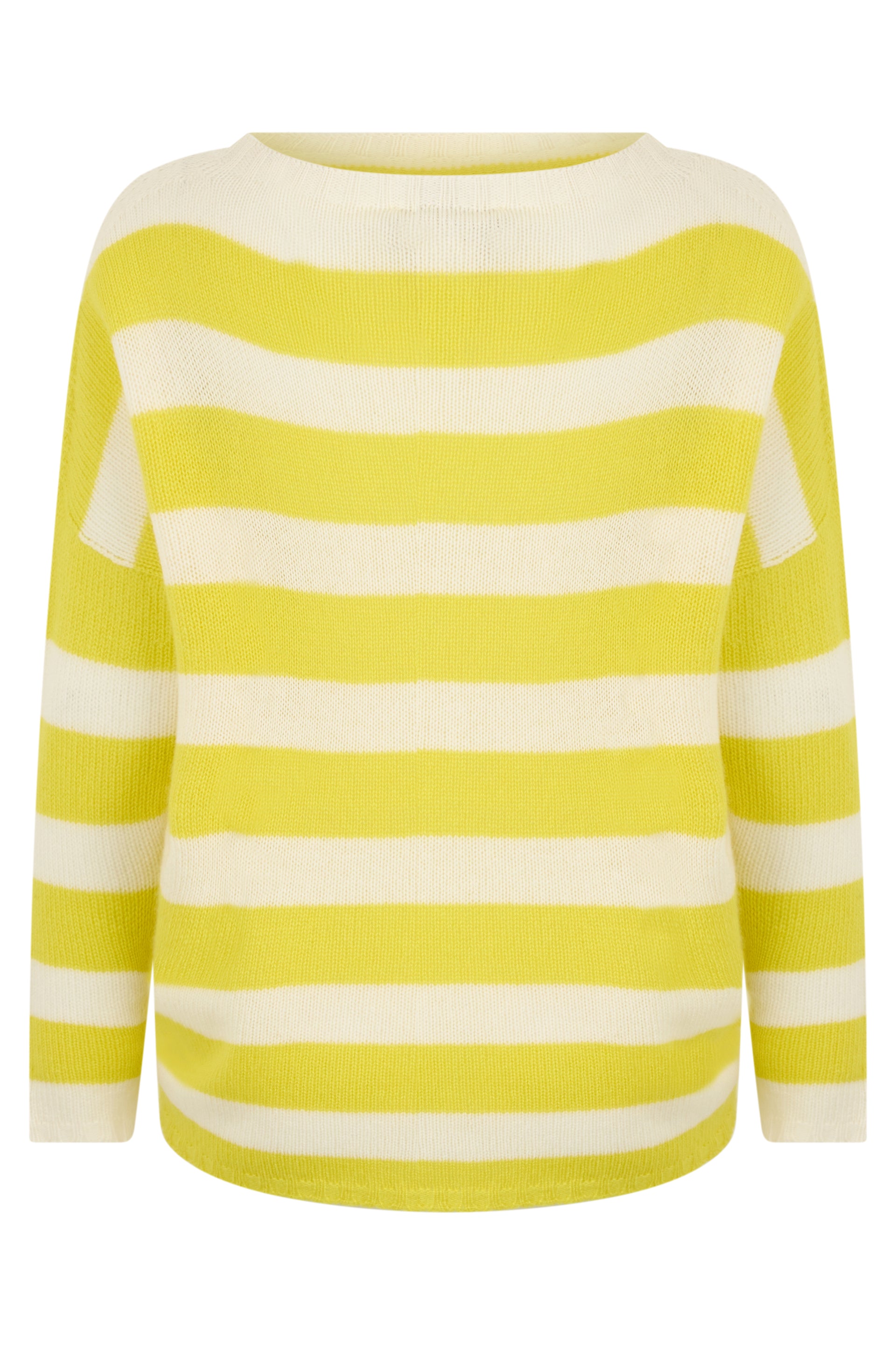 Striped yellow and white sweater, comfortable and versatile.