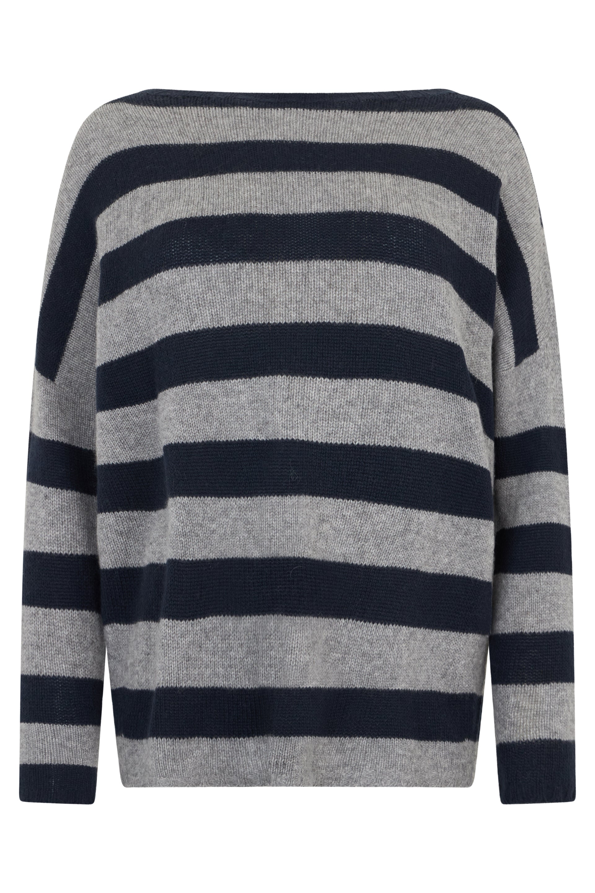 Gray and blue striped sweater.