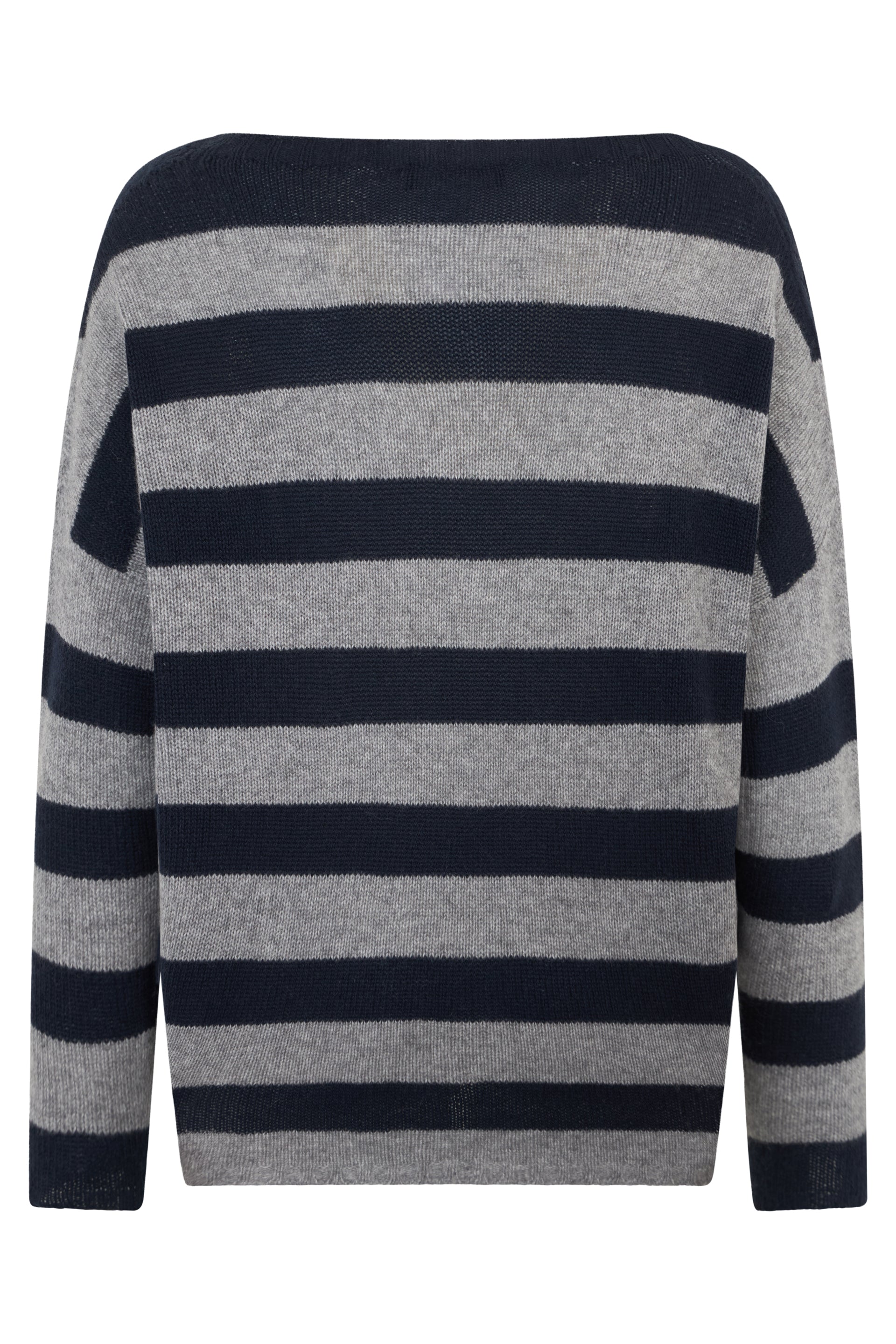 Gray and blue striped sweater.
