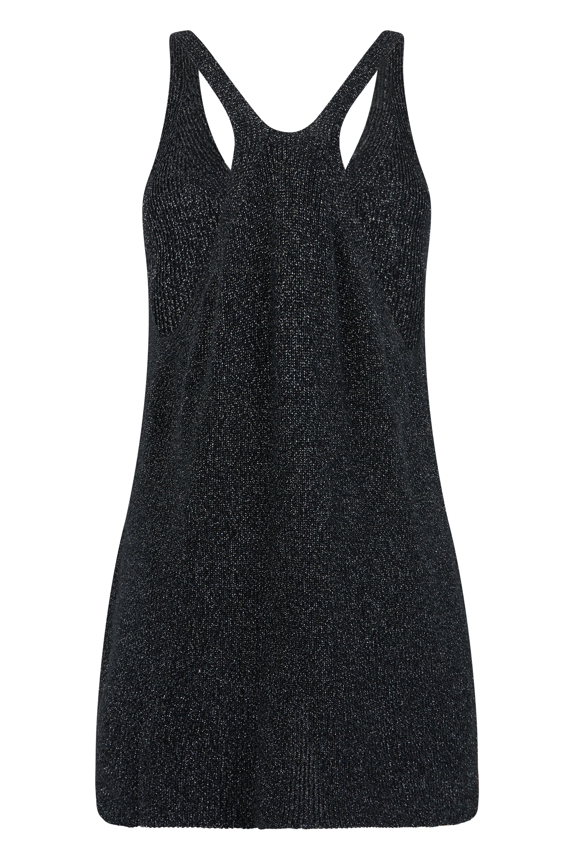 Short black dress without sleeves, elegant and refined.