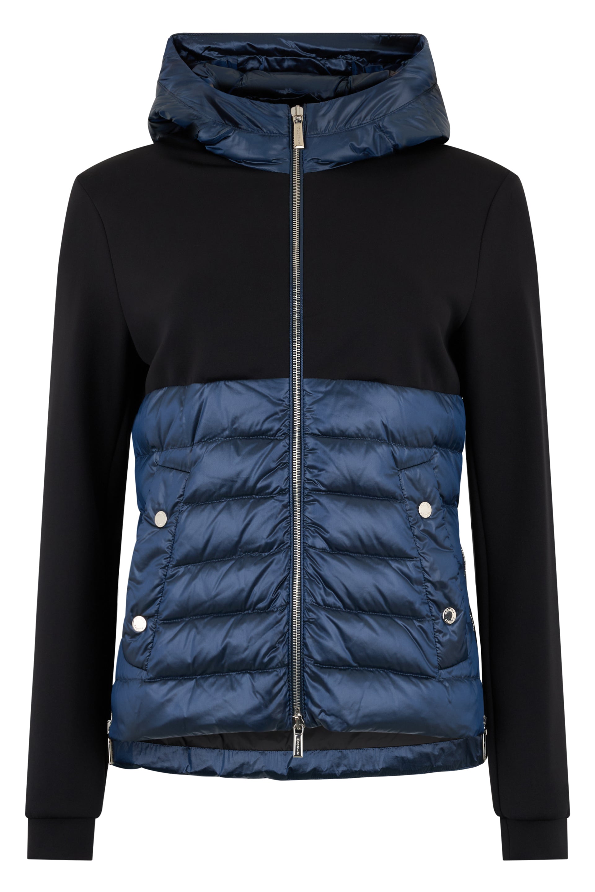 Casual puffer jacket with blue hood, minimal and versatile.