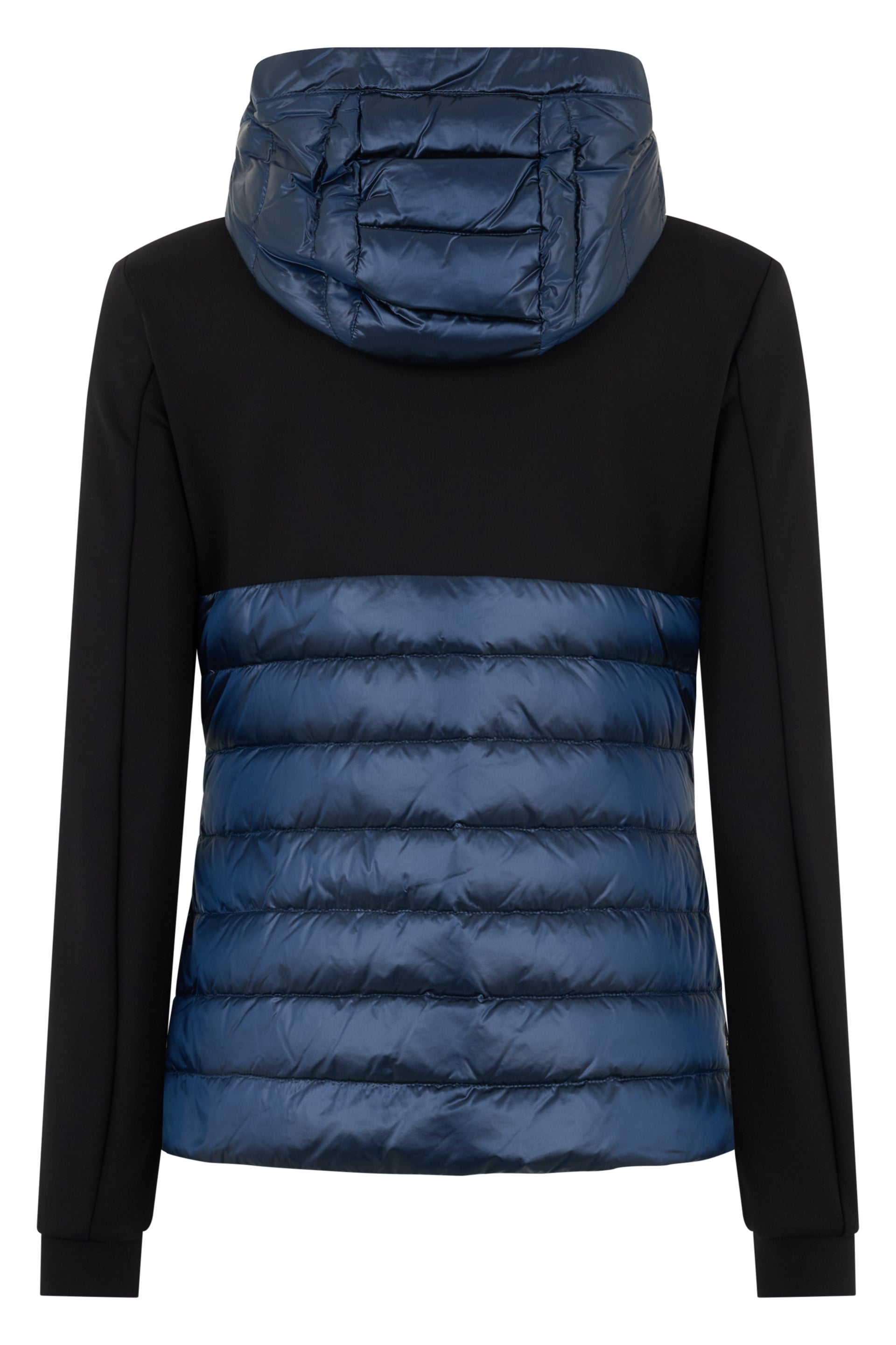 Casual puffer jacket with blue hood, minimal and versatile.