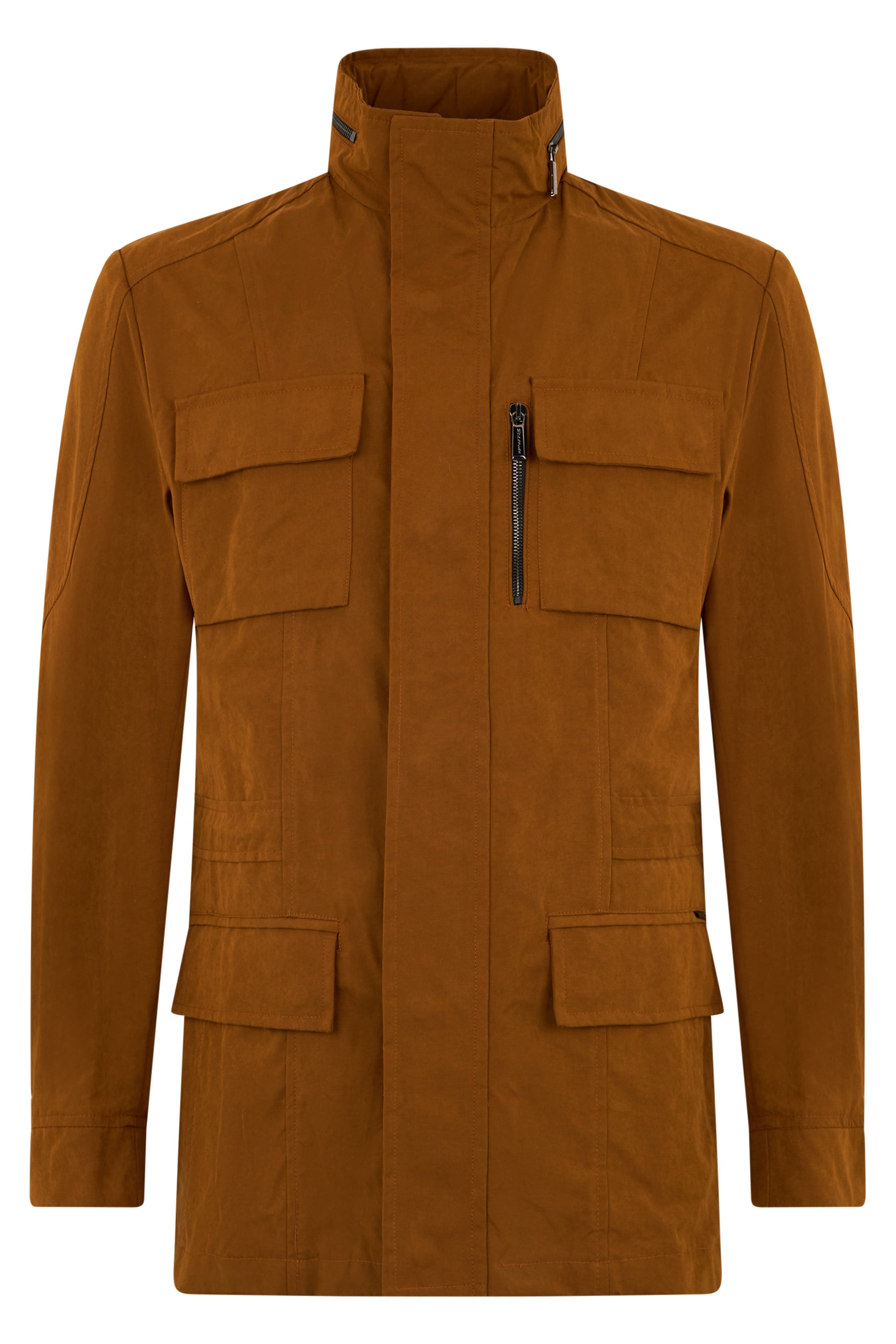 Camel color long-sleeve jacket, modern and functional.