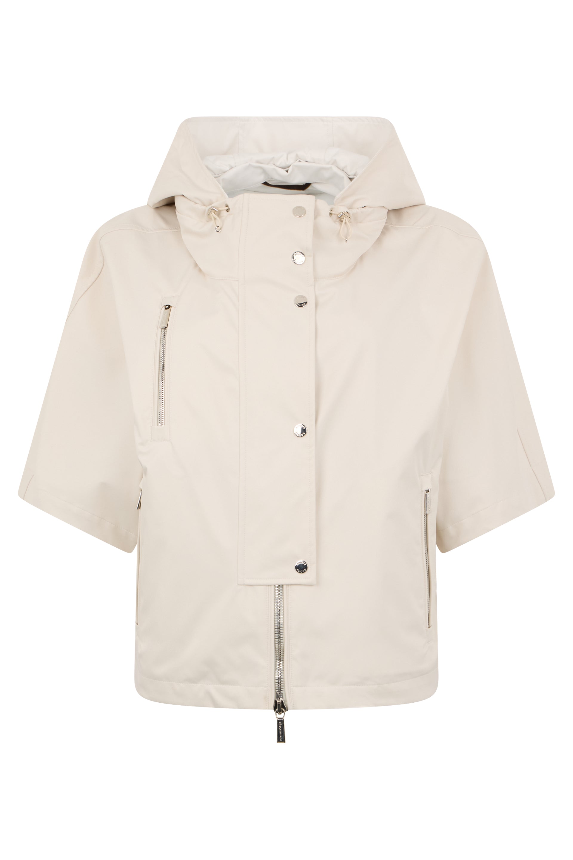 Light jacket sand color with hood, zipper and buttons.