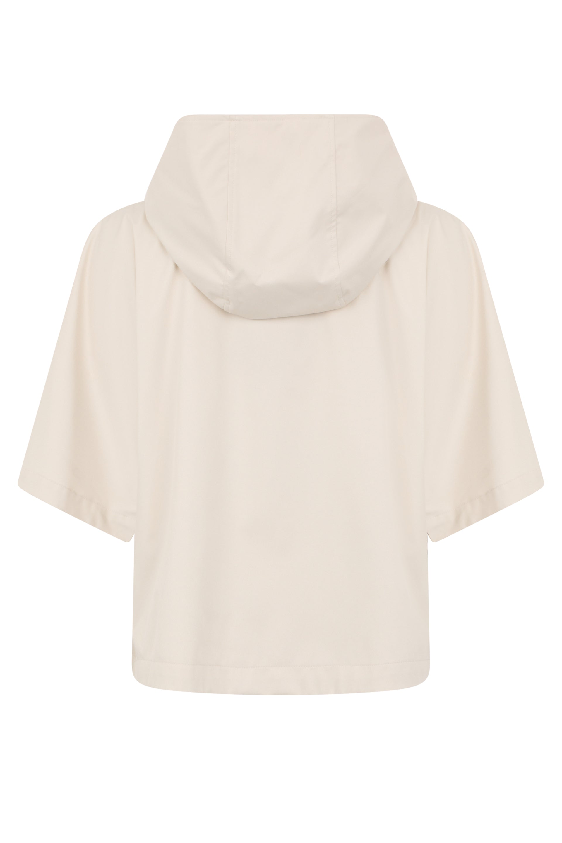Light jacket sand color with hood, zipper and buttons.