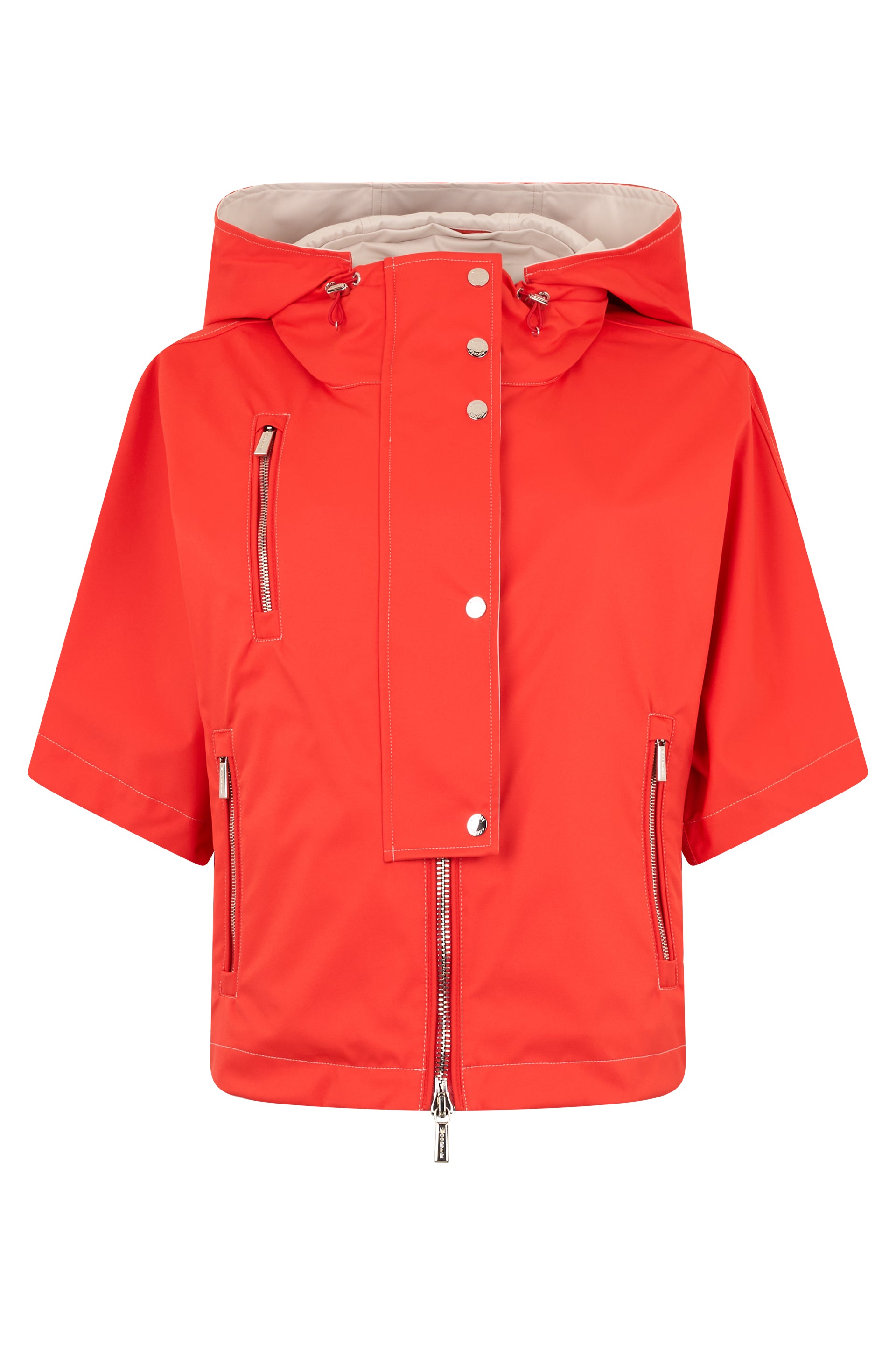 Short red jacket with hood and pockets.