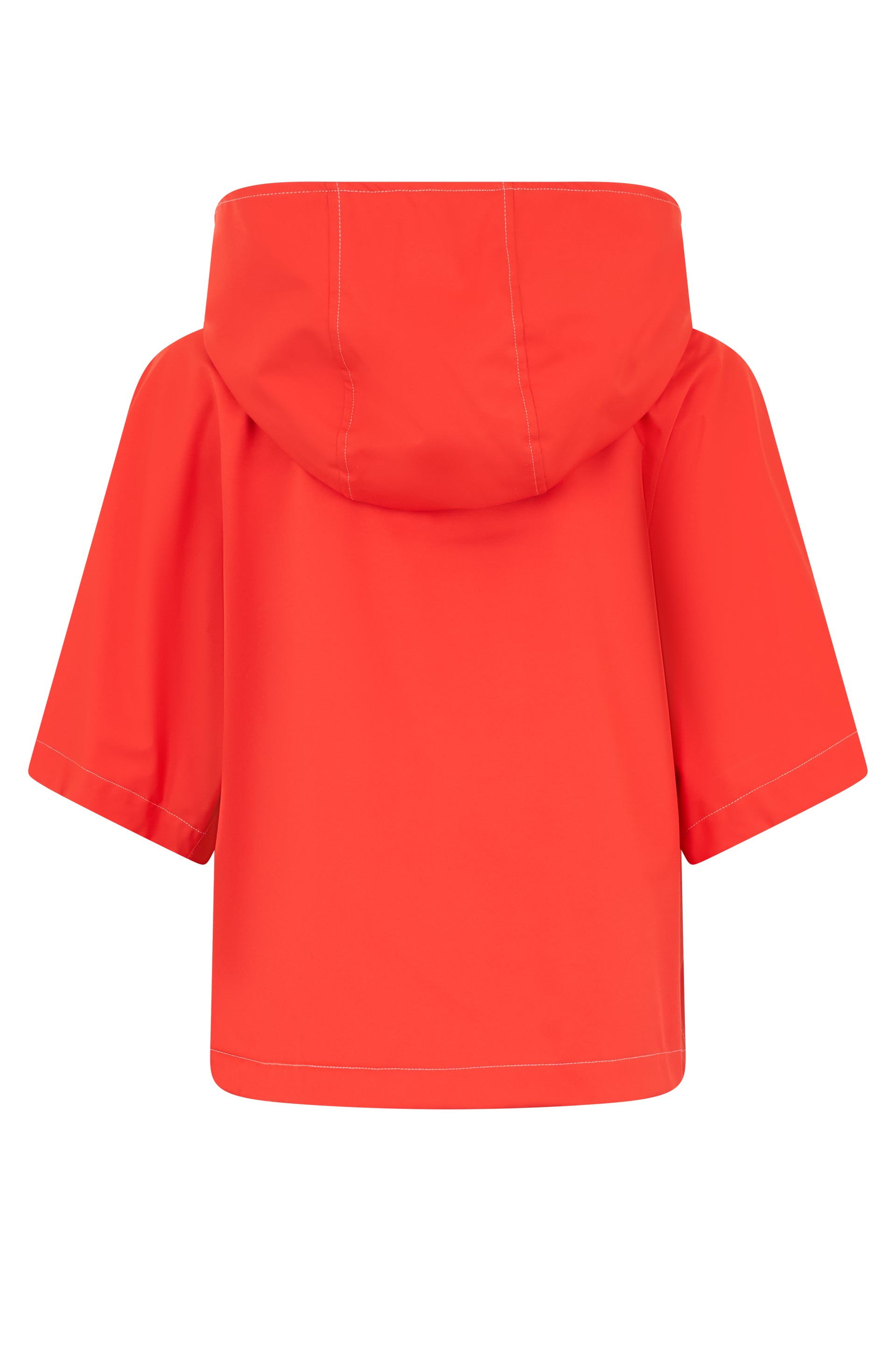 Short red jacket with hood and pockets.