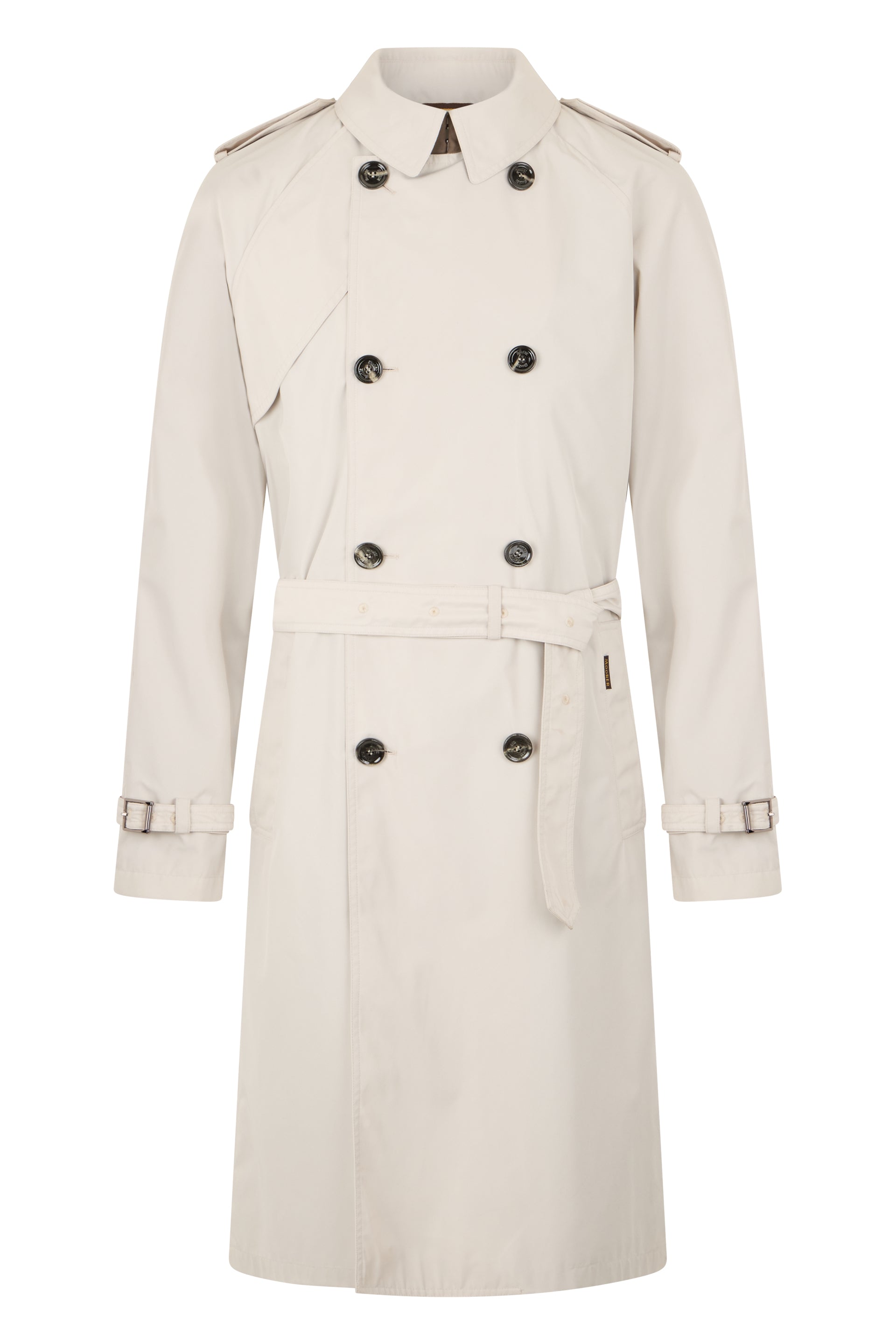 Elegant sand-colored trench coat with double-breasted closure