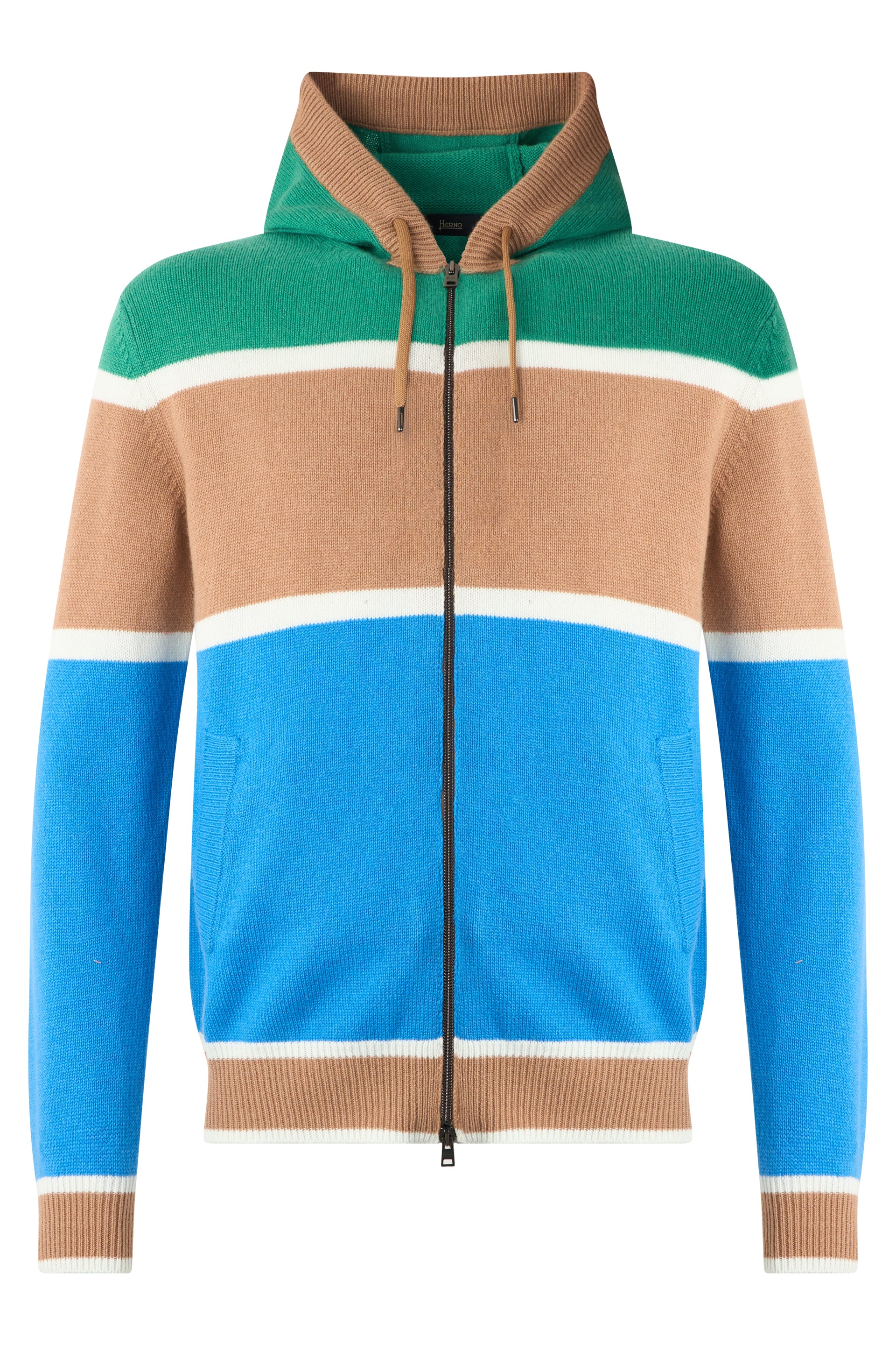 Striped sweater in shades of beige, blue and green with zipper and hood