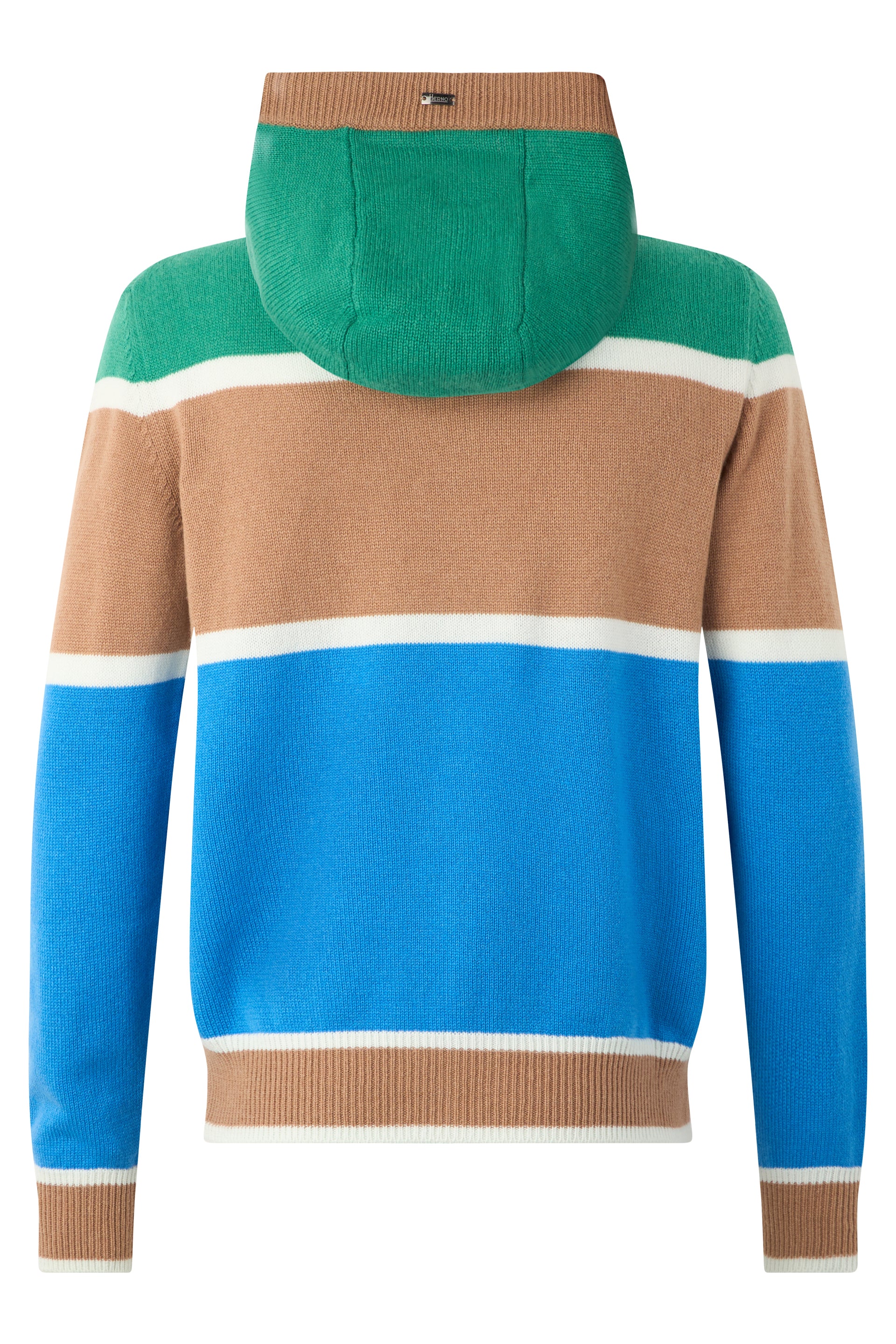 Striped sweater in shades of beige, blue and green with zipper and hood