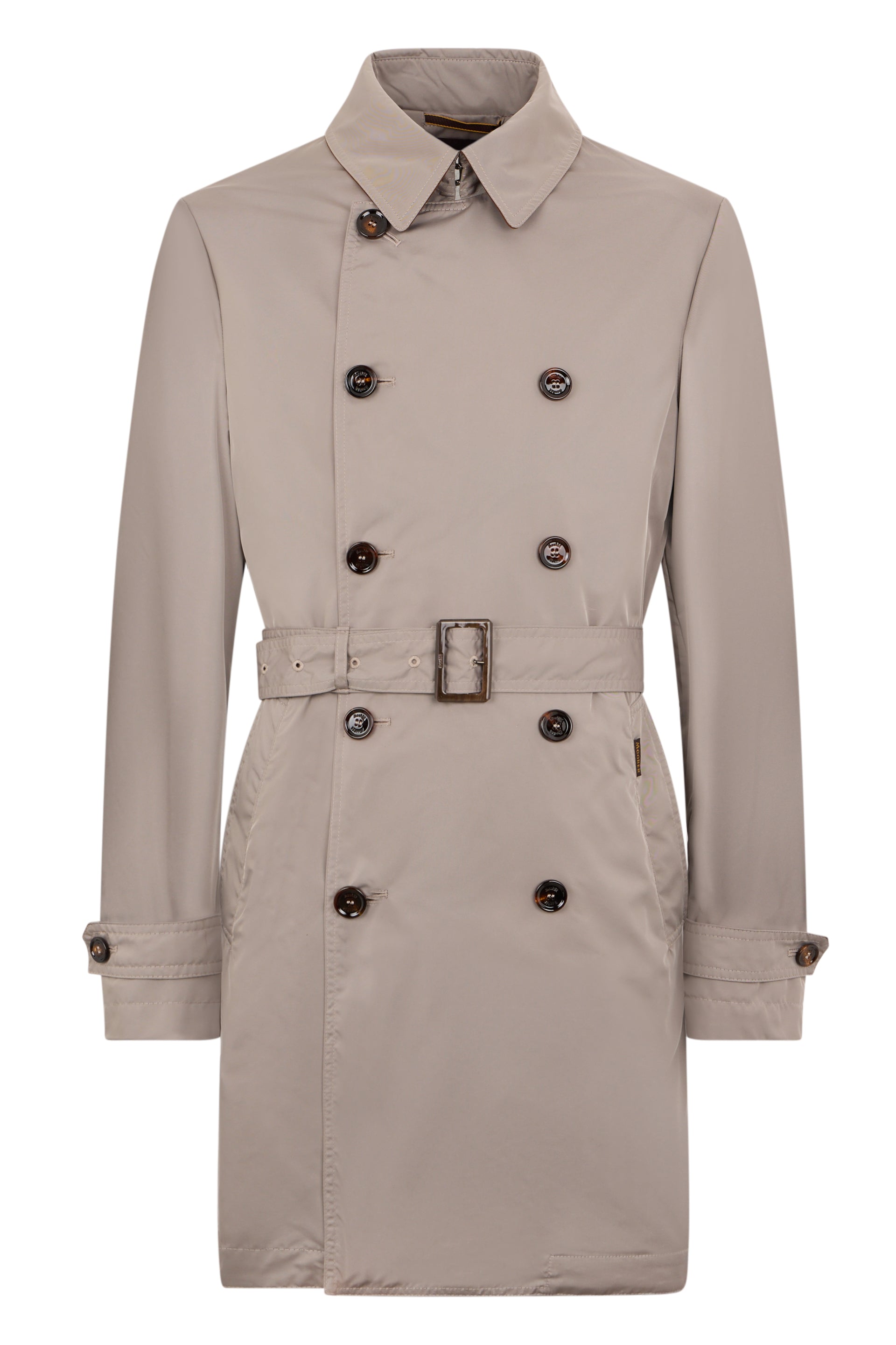 Elegant beige trench coat with adjustable belt.