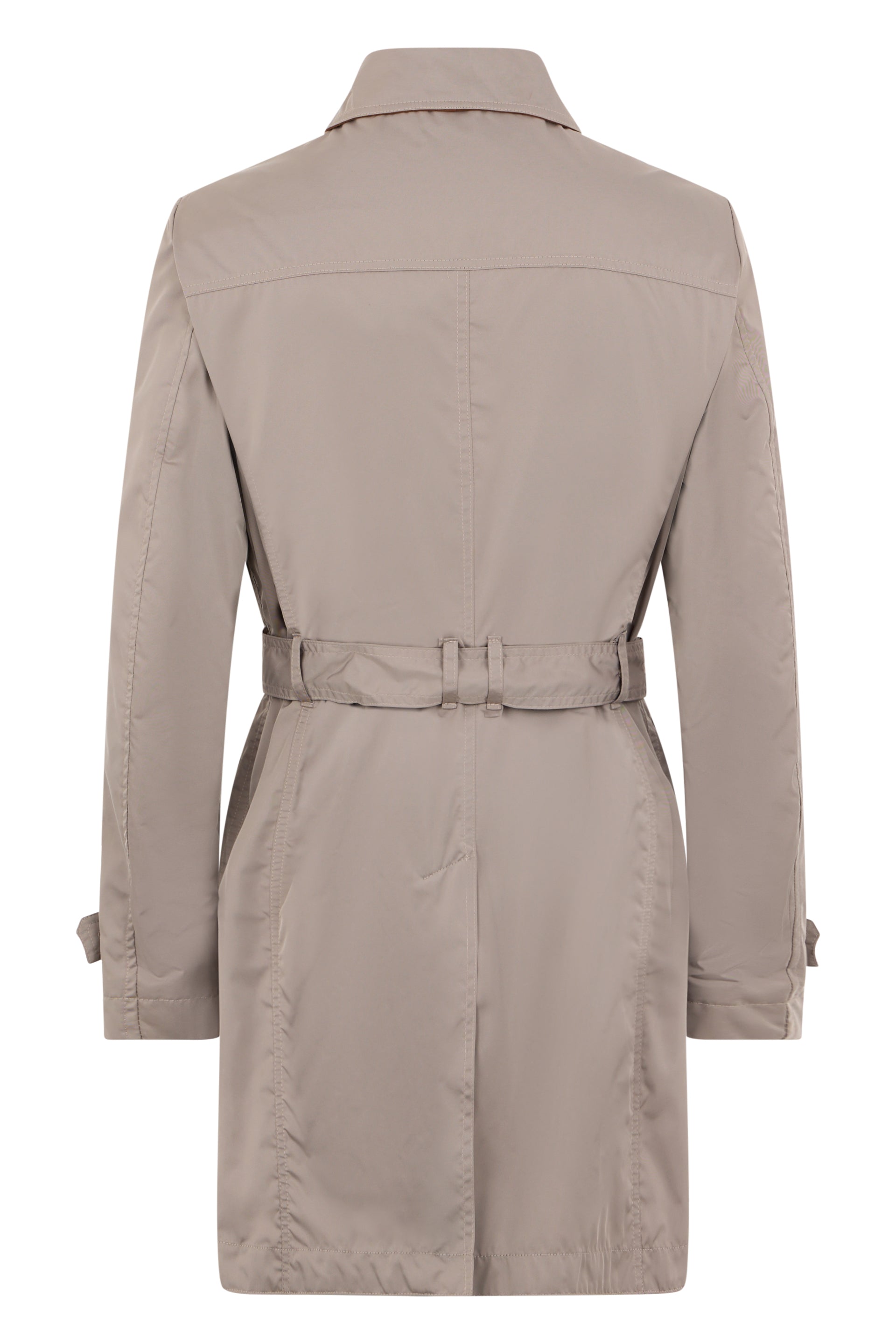 Elegant beige trench coat with adjustable belt.