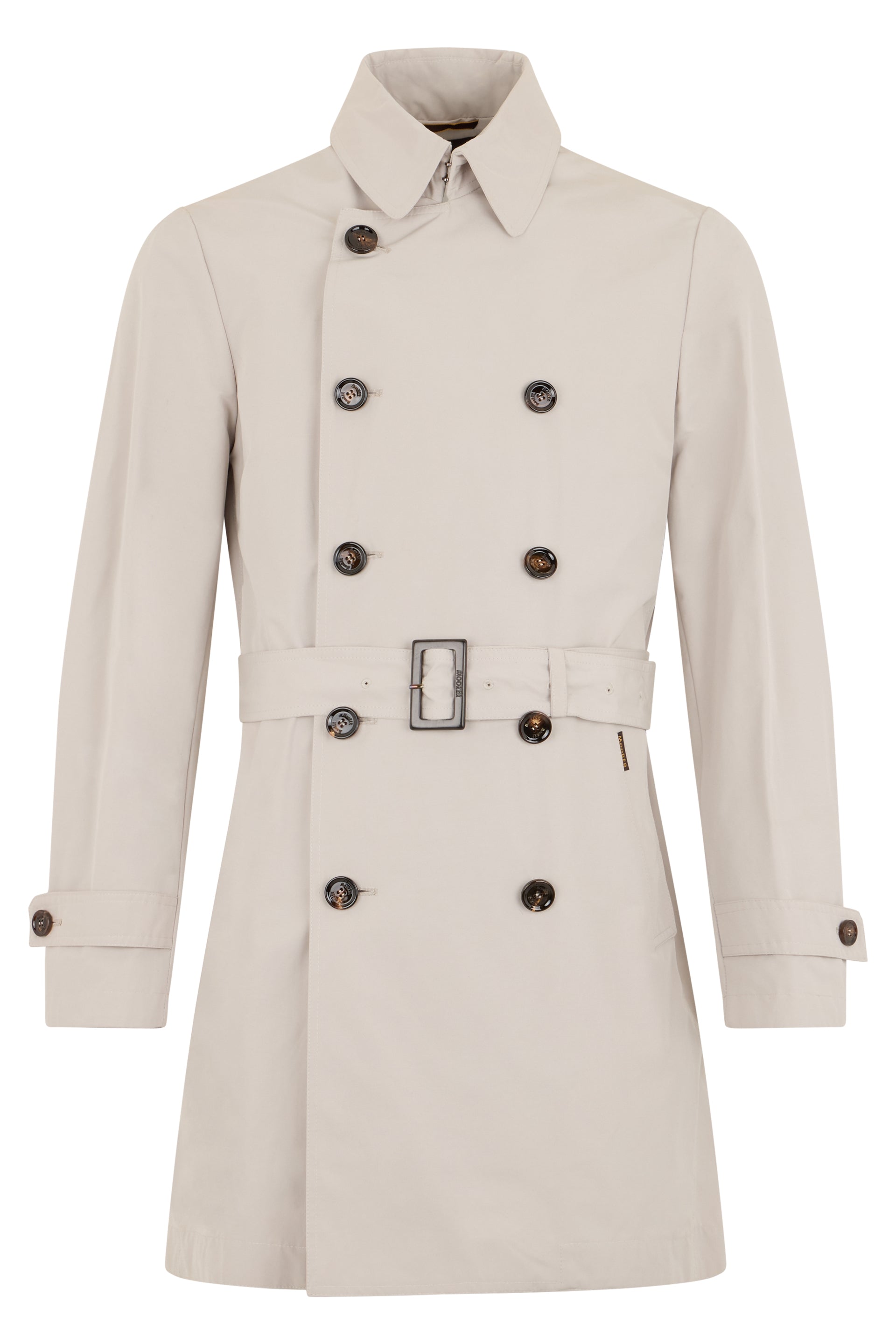Beige trench coat with belt and buttons