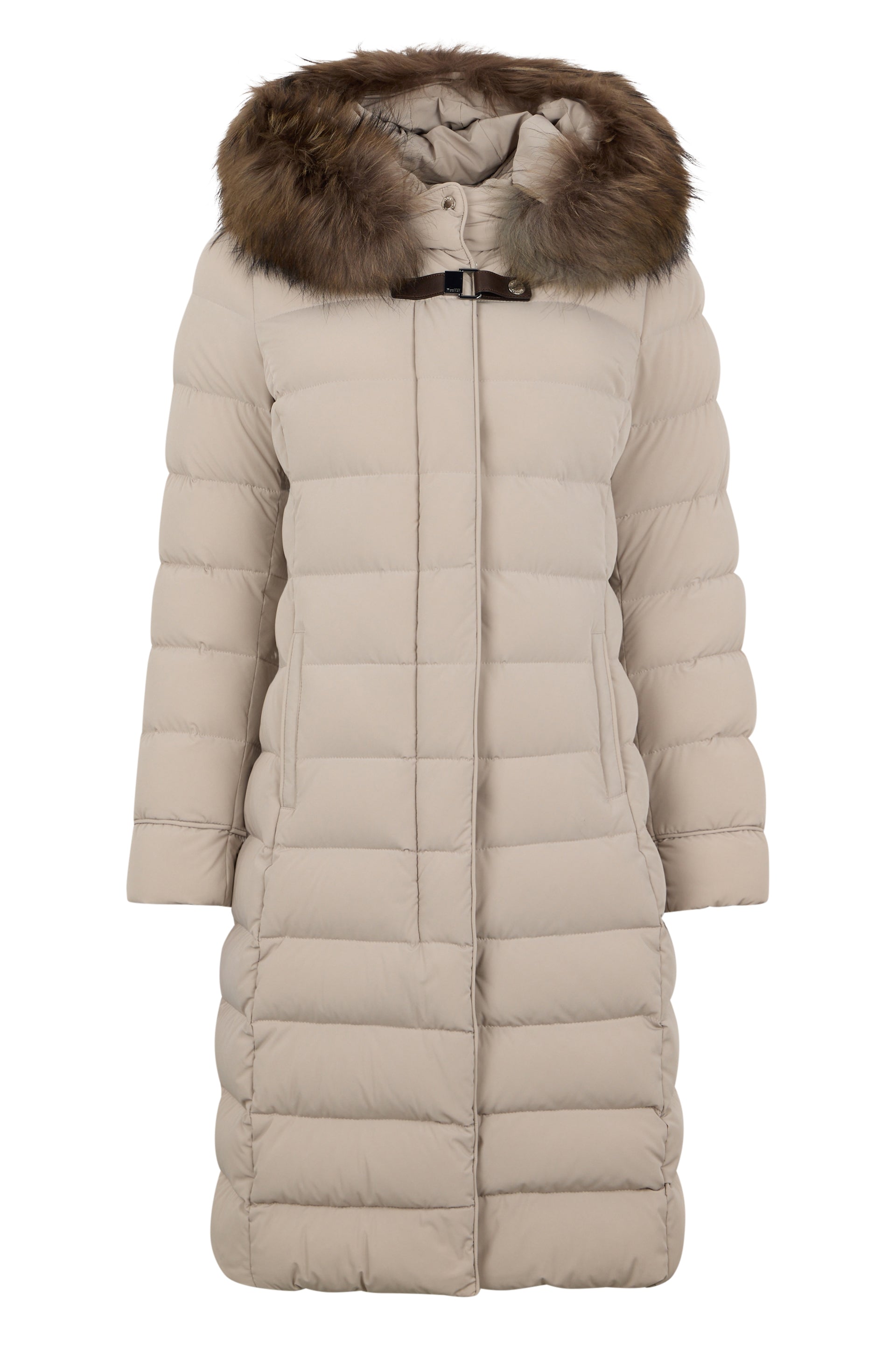 Long padded coat sand color with hood casual and comfortable design.