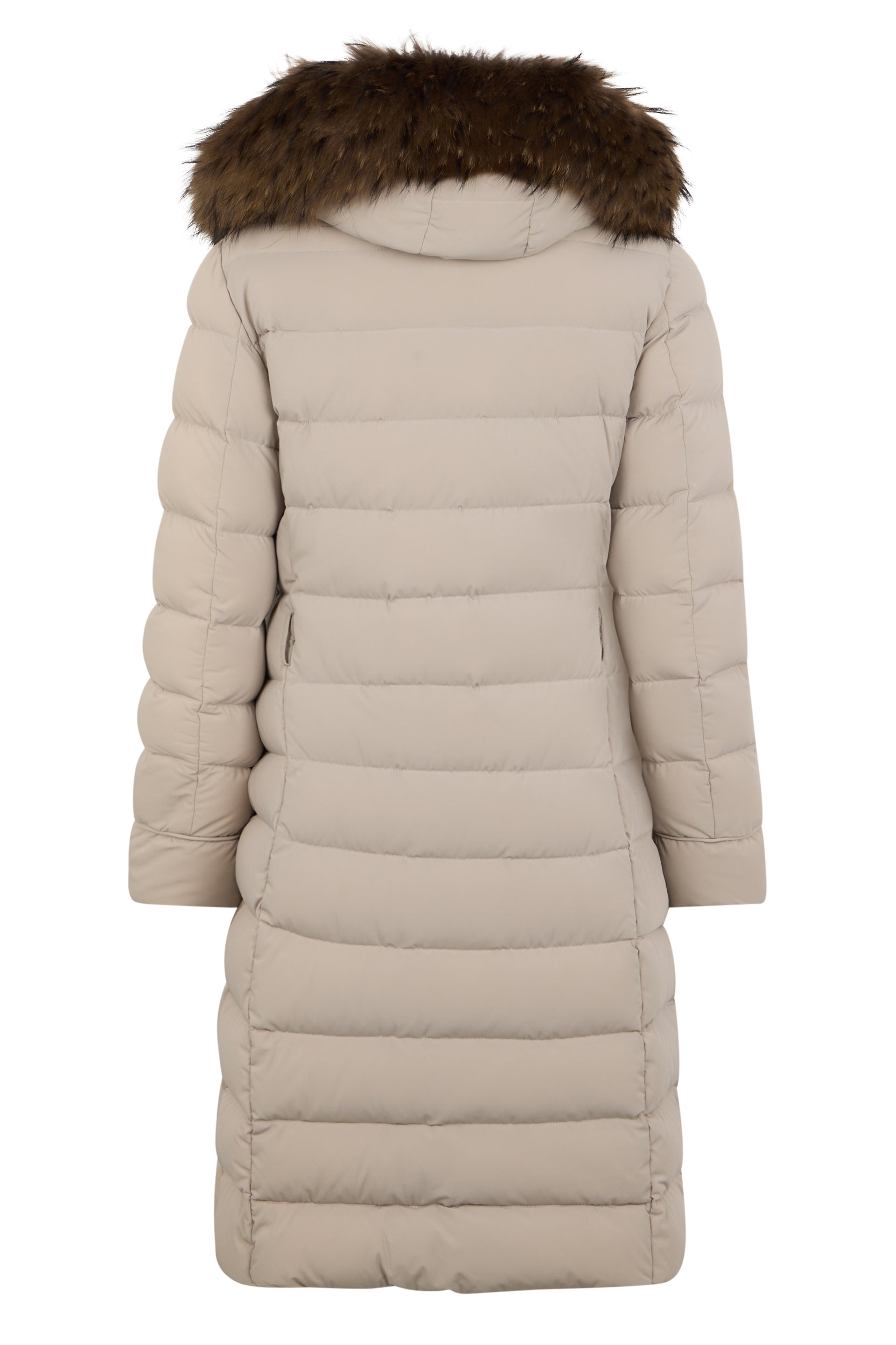 Long padded coat sand color with hood casual and comfortable design.