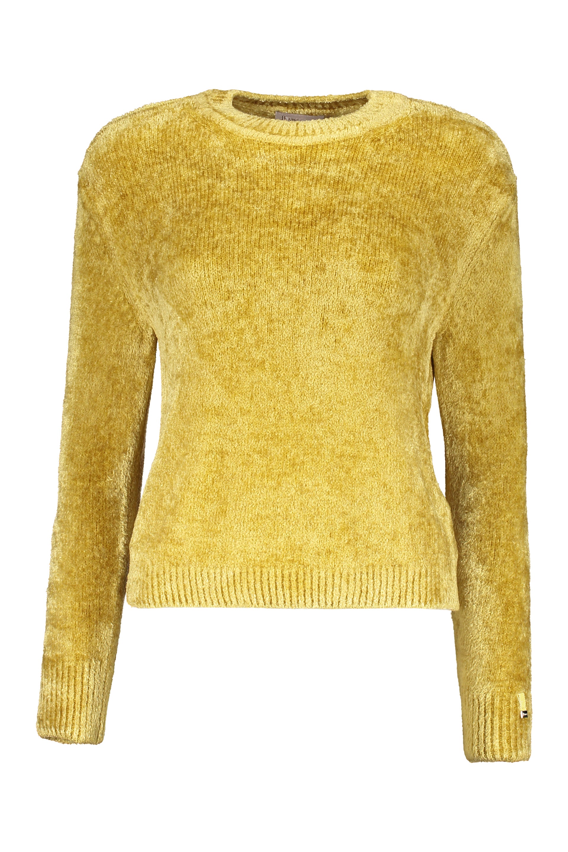 Yellow crew-neck sweater with long sleeves, casual comfort