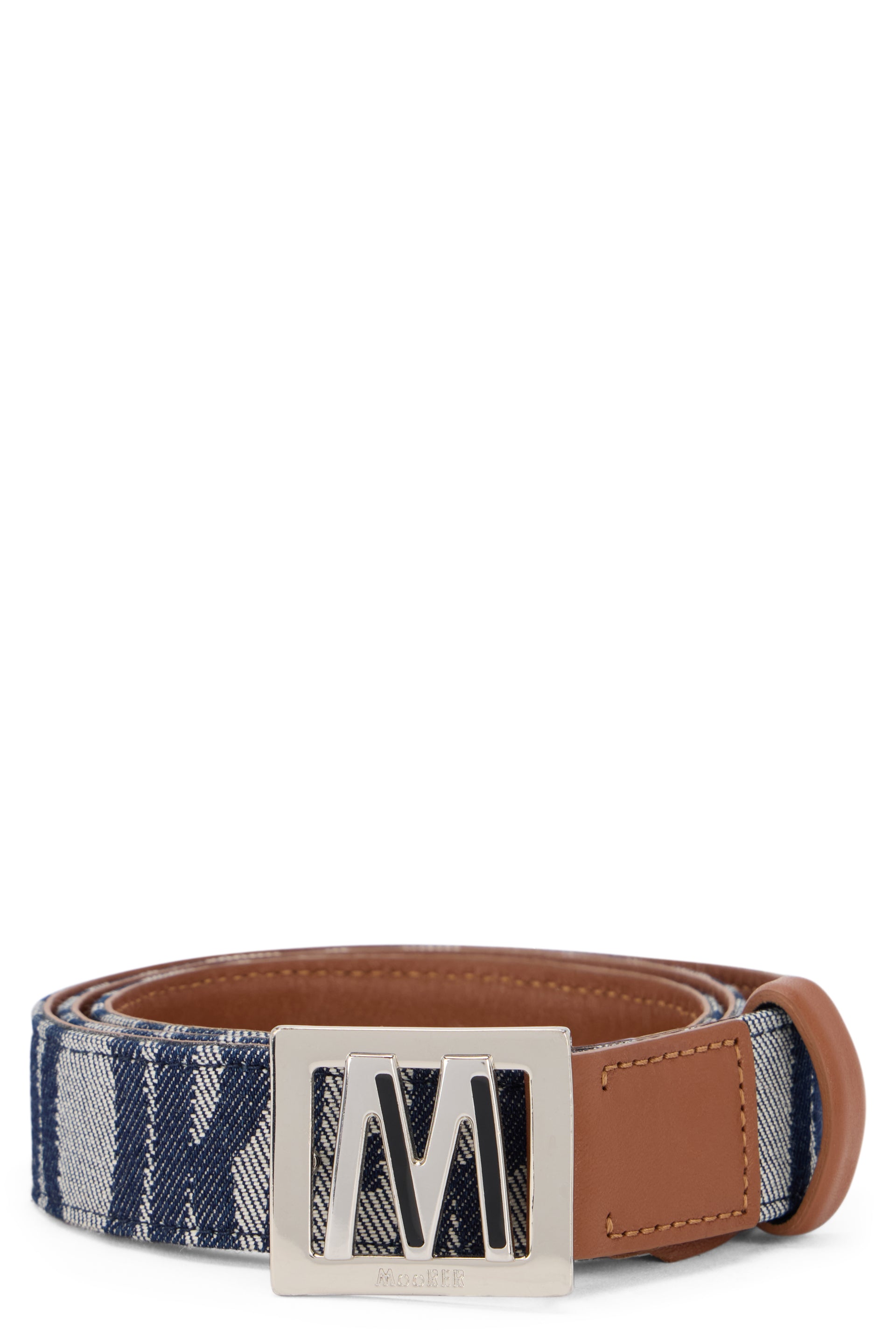 Blue denim belt with leather details, modern and versatile.