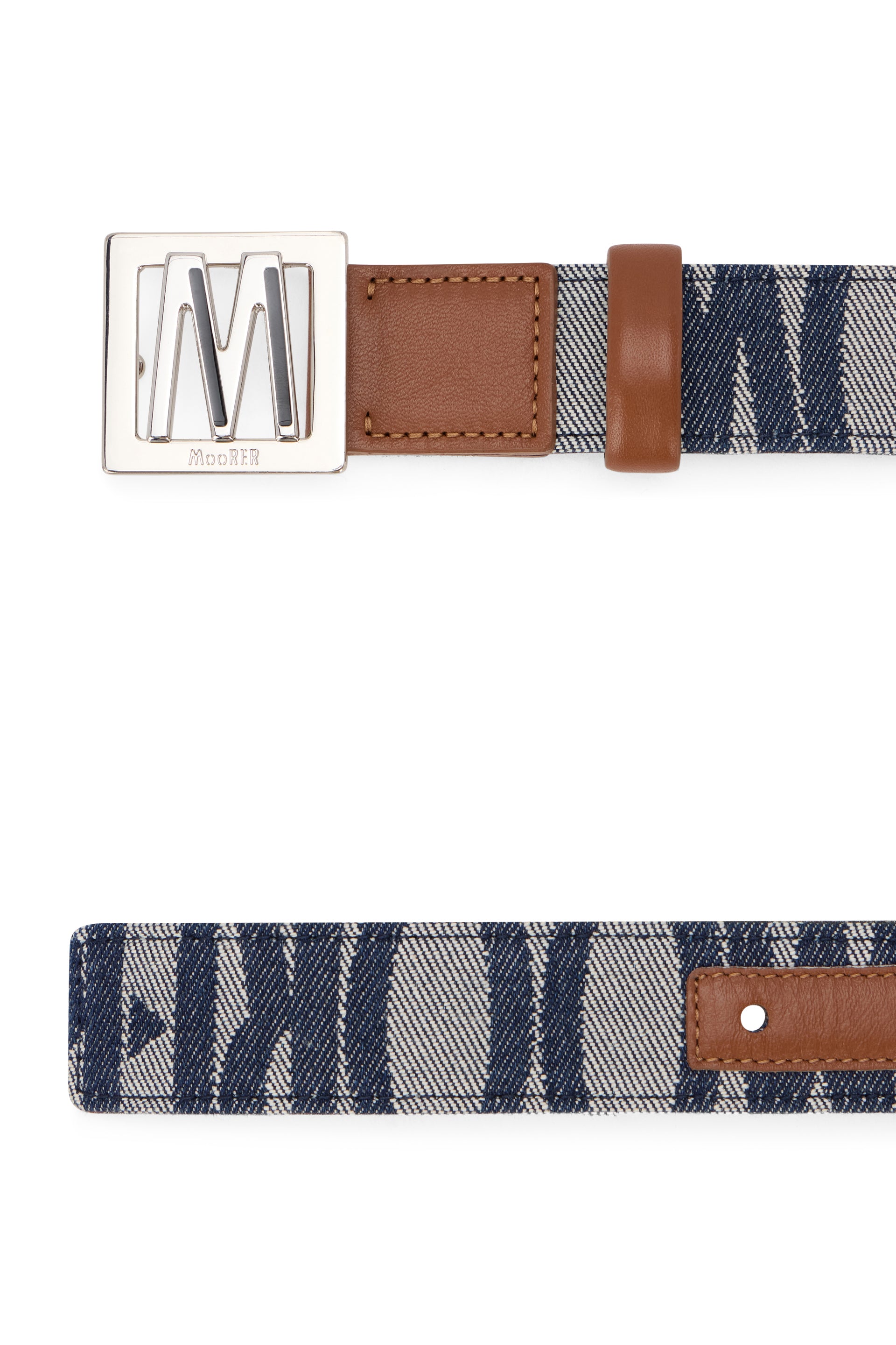 Blue denim belt with leather details, modern and versatile.