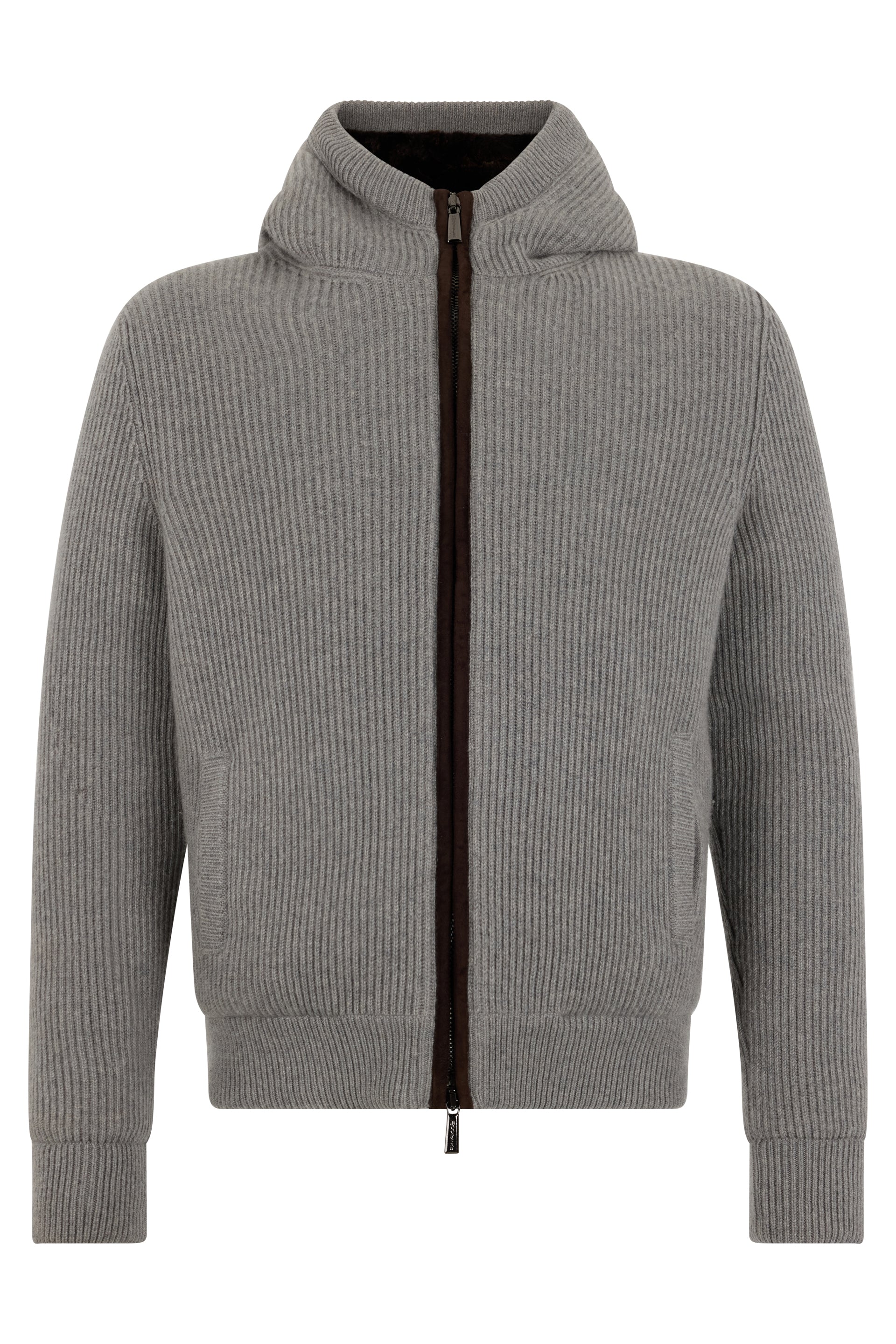 Gray puffer jacket with hood and zipper