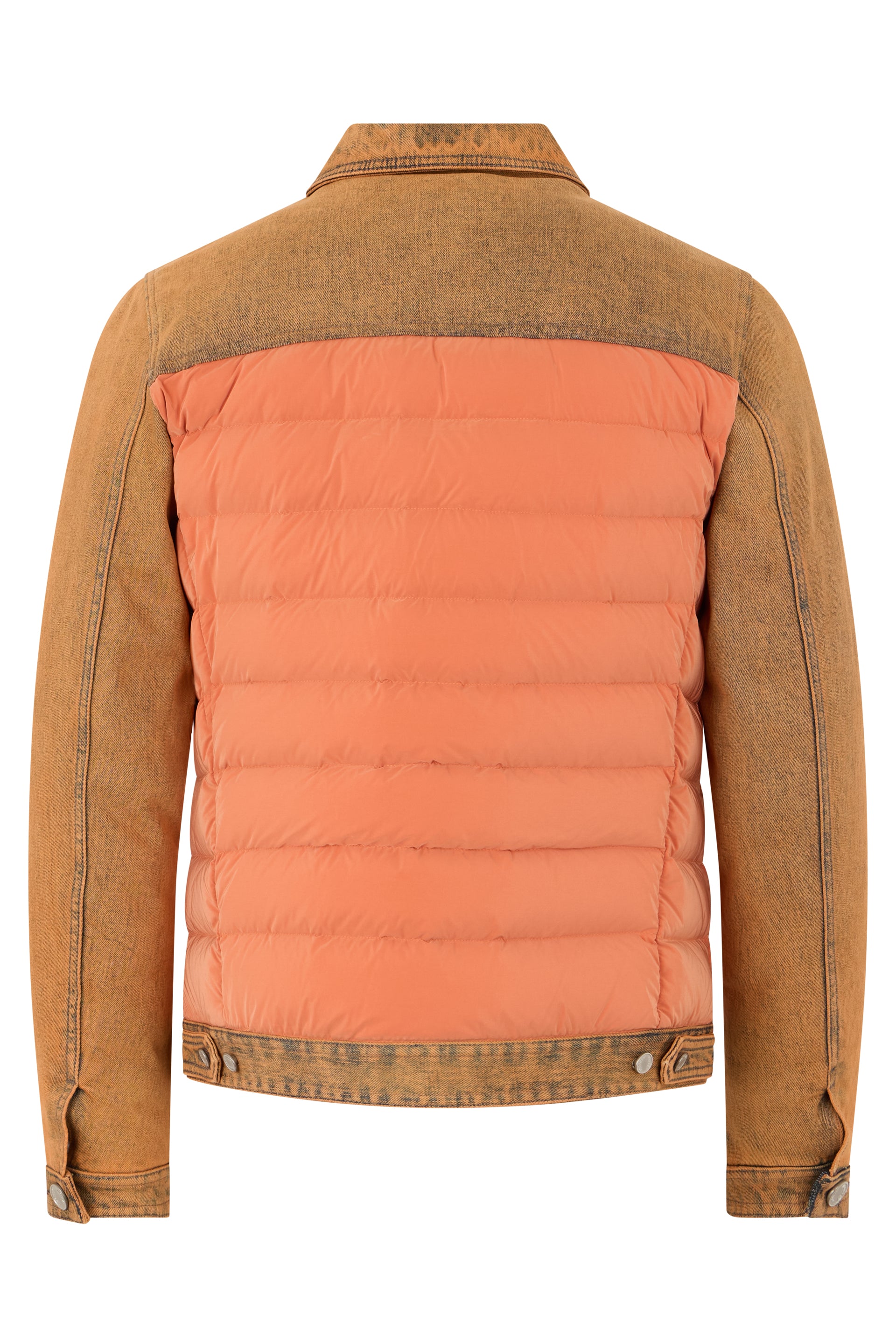 Orange down jacket with denim inserts
