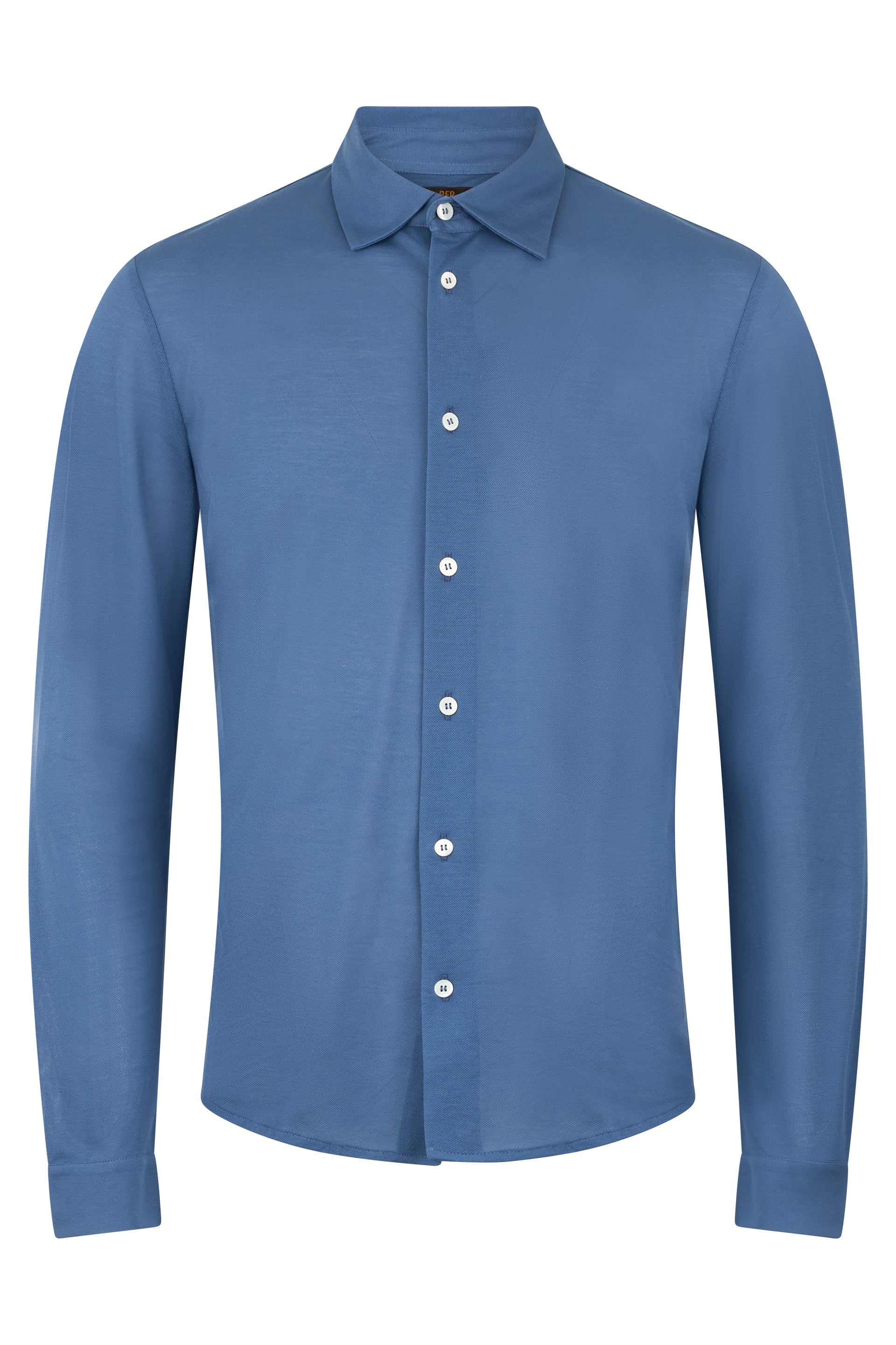 Classic blue elastic cotton shirt, minimal and casual.