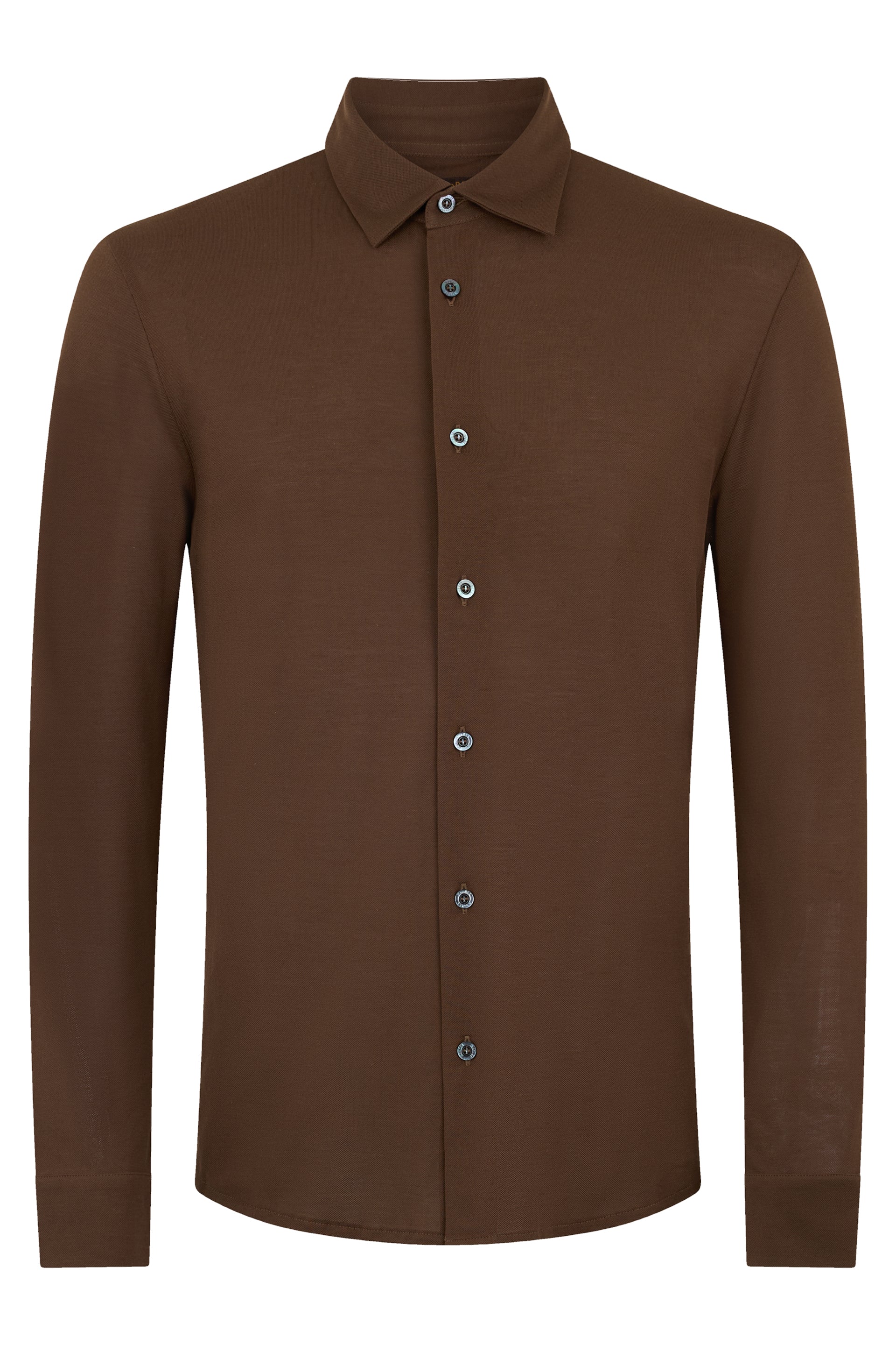 Brown long-sleeved shirt in stretchy fabric, casual and versatile.
