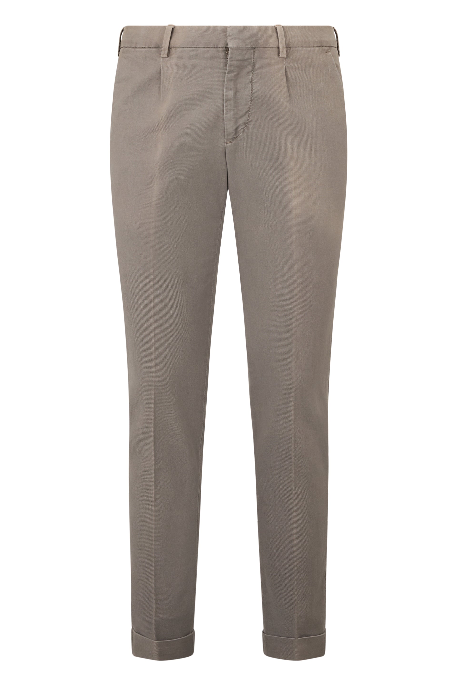 Gray casual pants in soft neutral fabric.