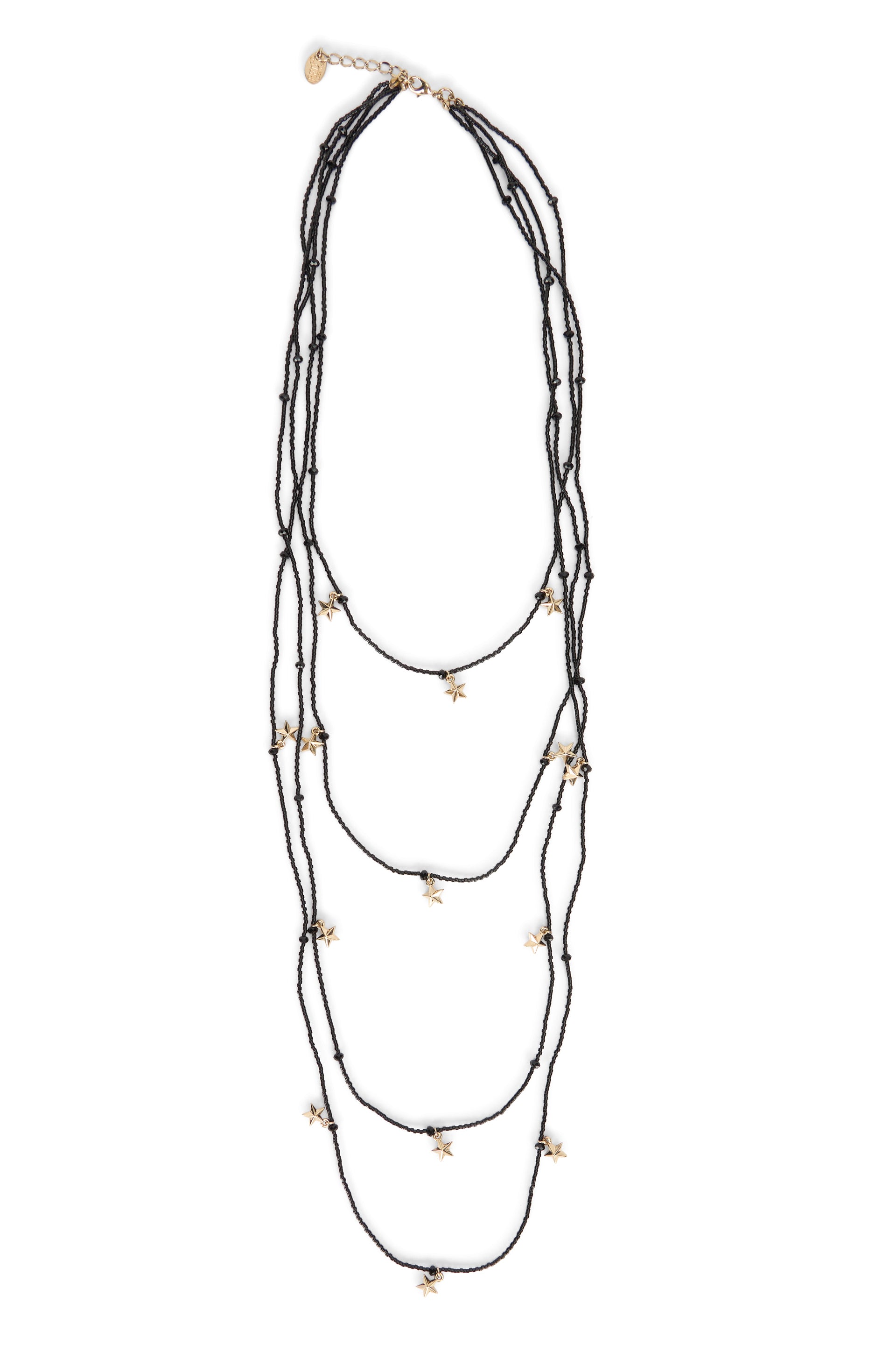 Elegant black multi-layer necklace with beads and pendants.