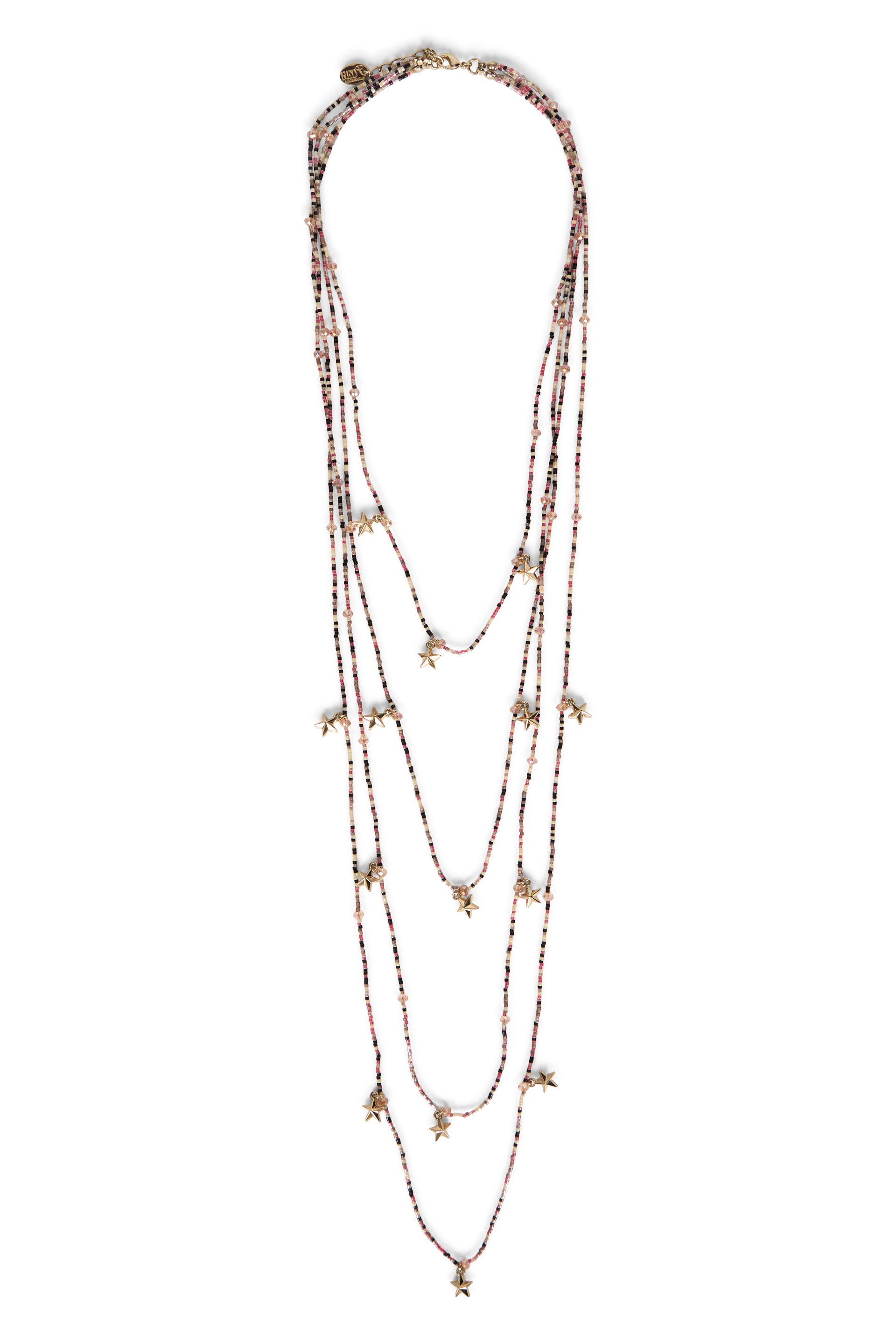 Elegant cascading necklace with beads and pendants.