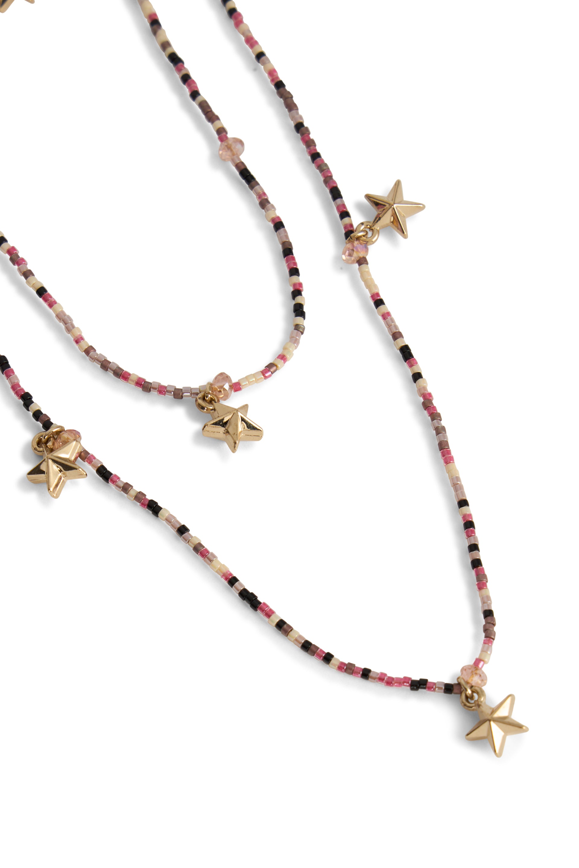 Elegant cascading necklace with beads and pendants.