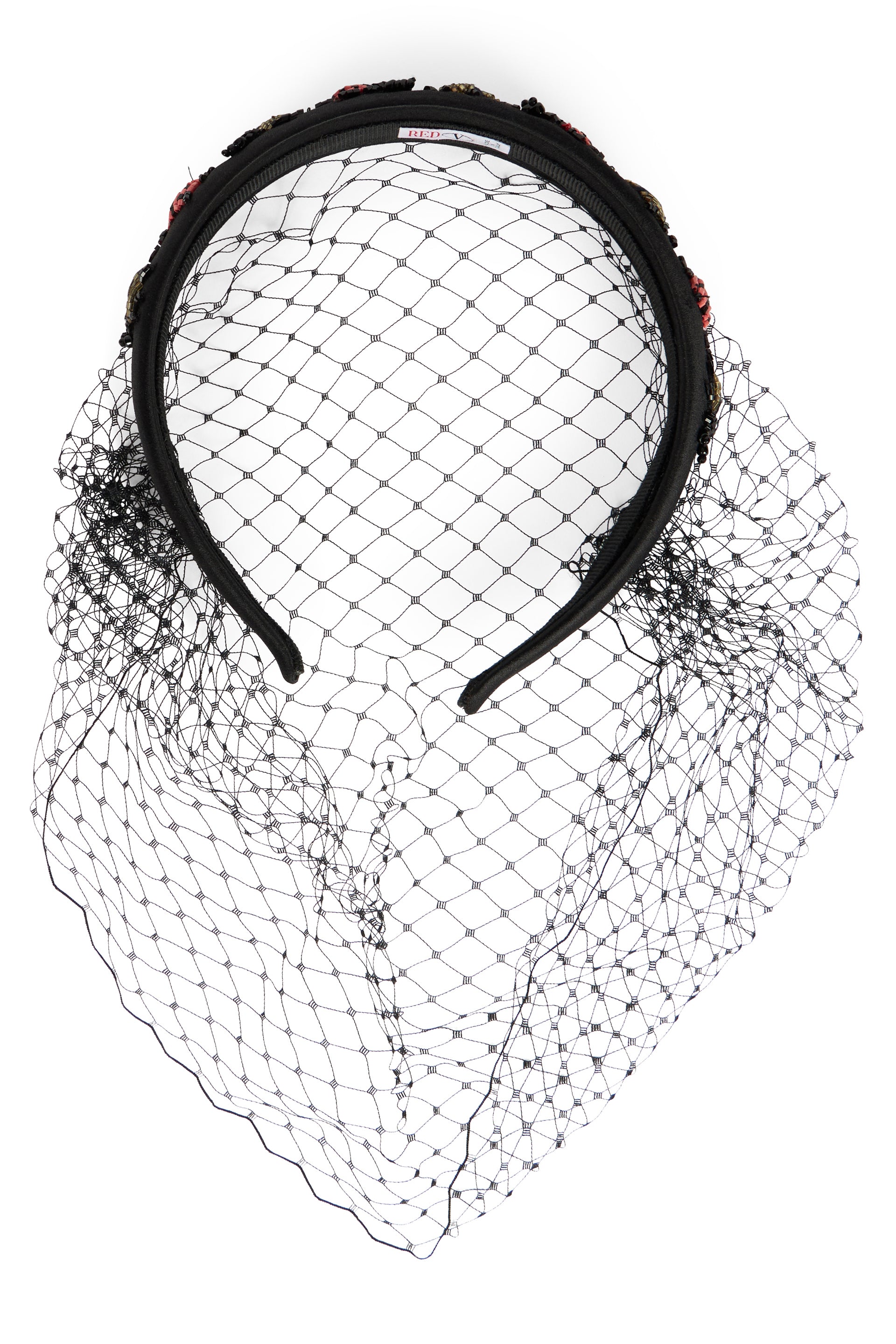 Elegant black headband with beads and tulle.