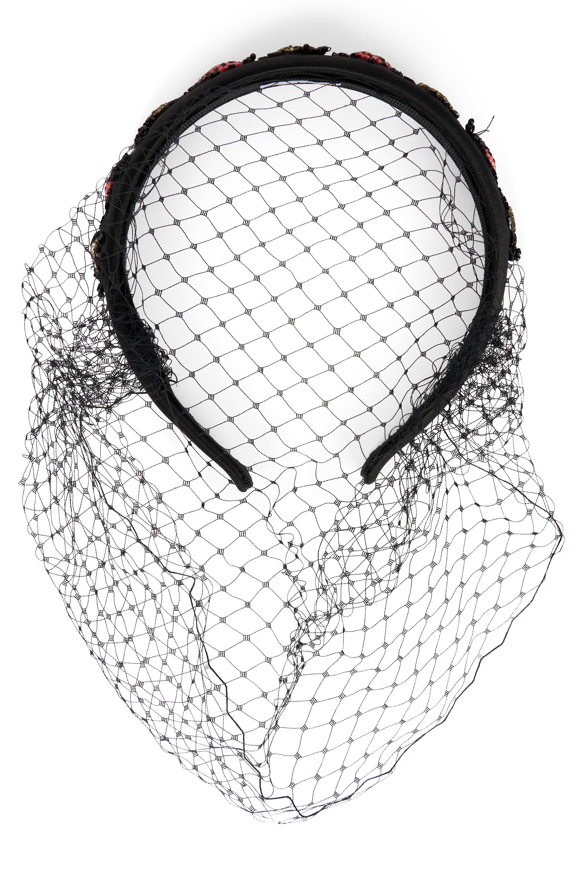 Elegant black headband with beads and tulle.