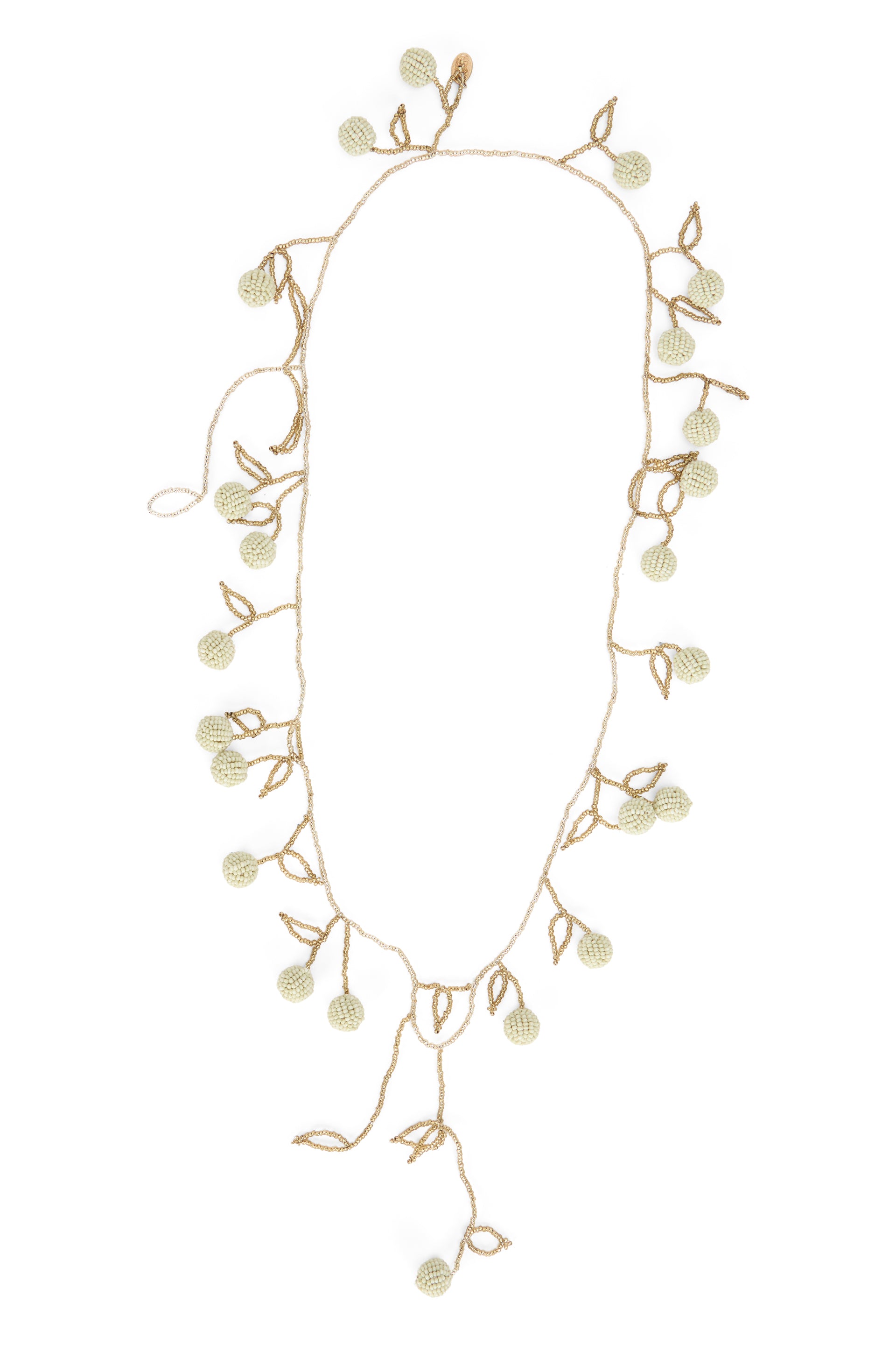 Elegant beige necklace with pendants and beads in the shape of a leaf.