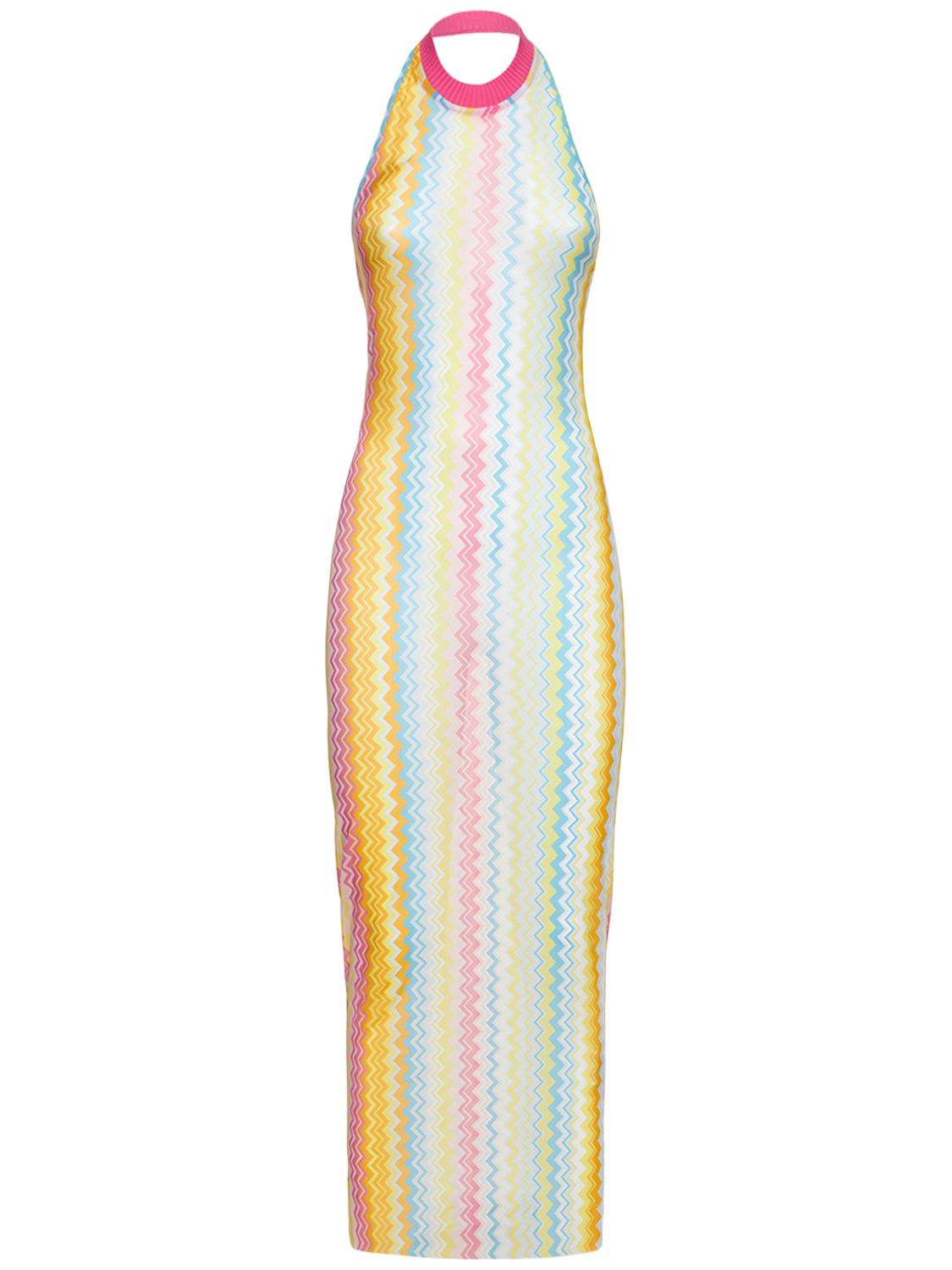 Long fitted multicolored dress with chevron pattern