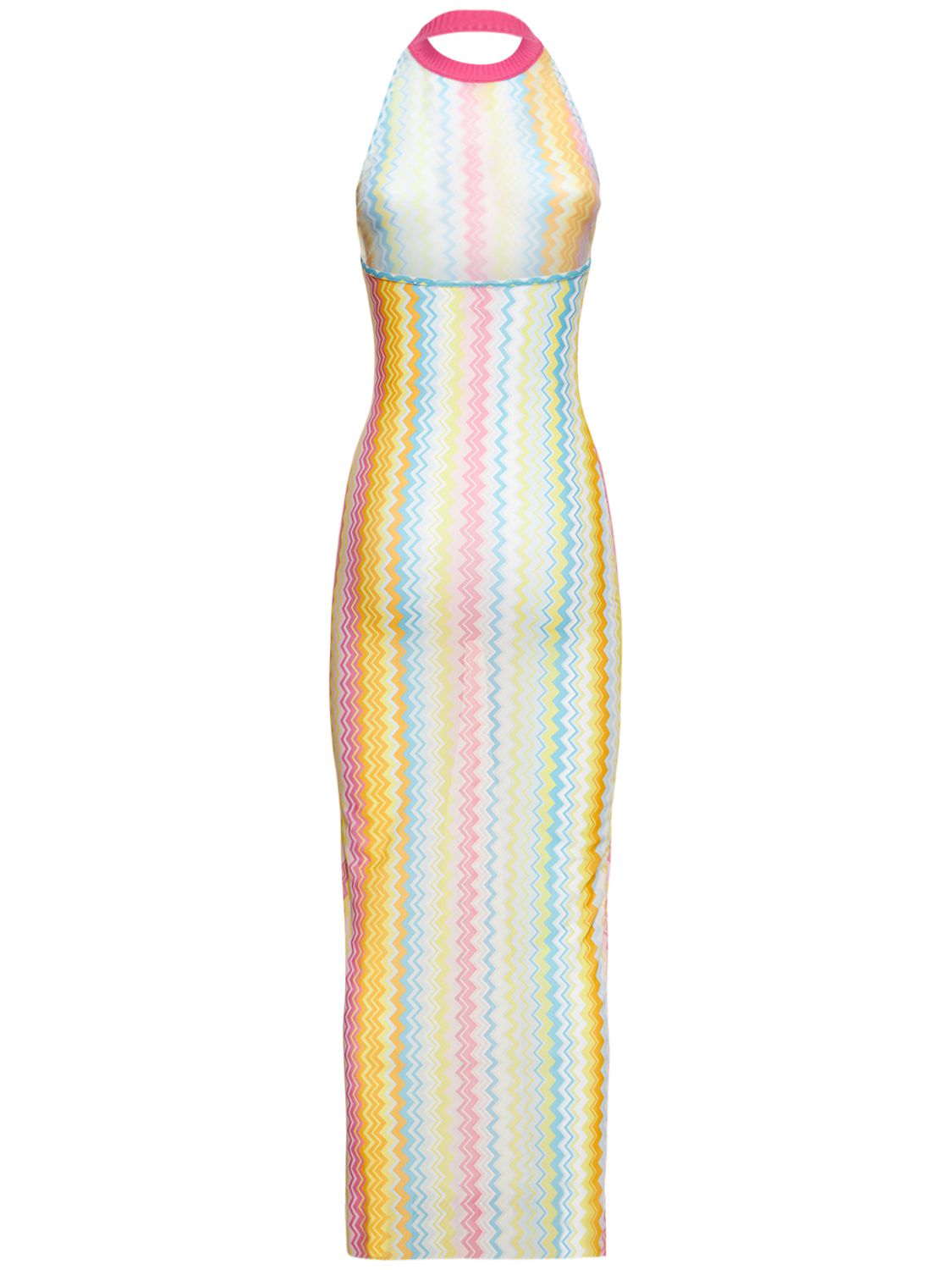 Long fitted multicolored dress with chevron pattern