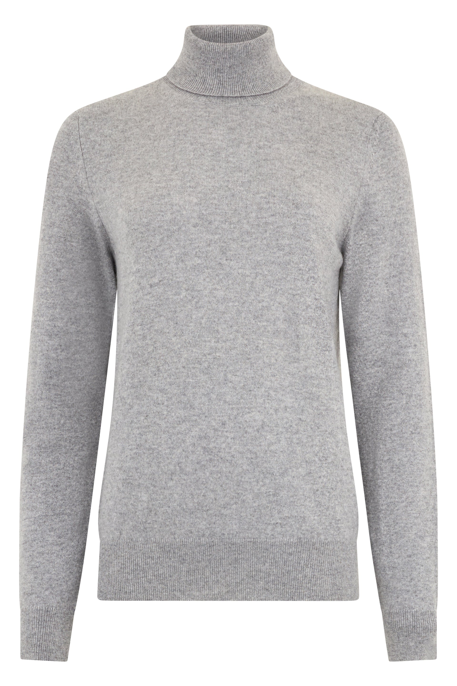 Gray melange sweater with long sleeves and high collar.