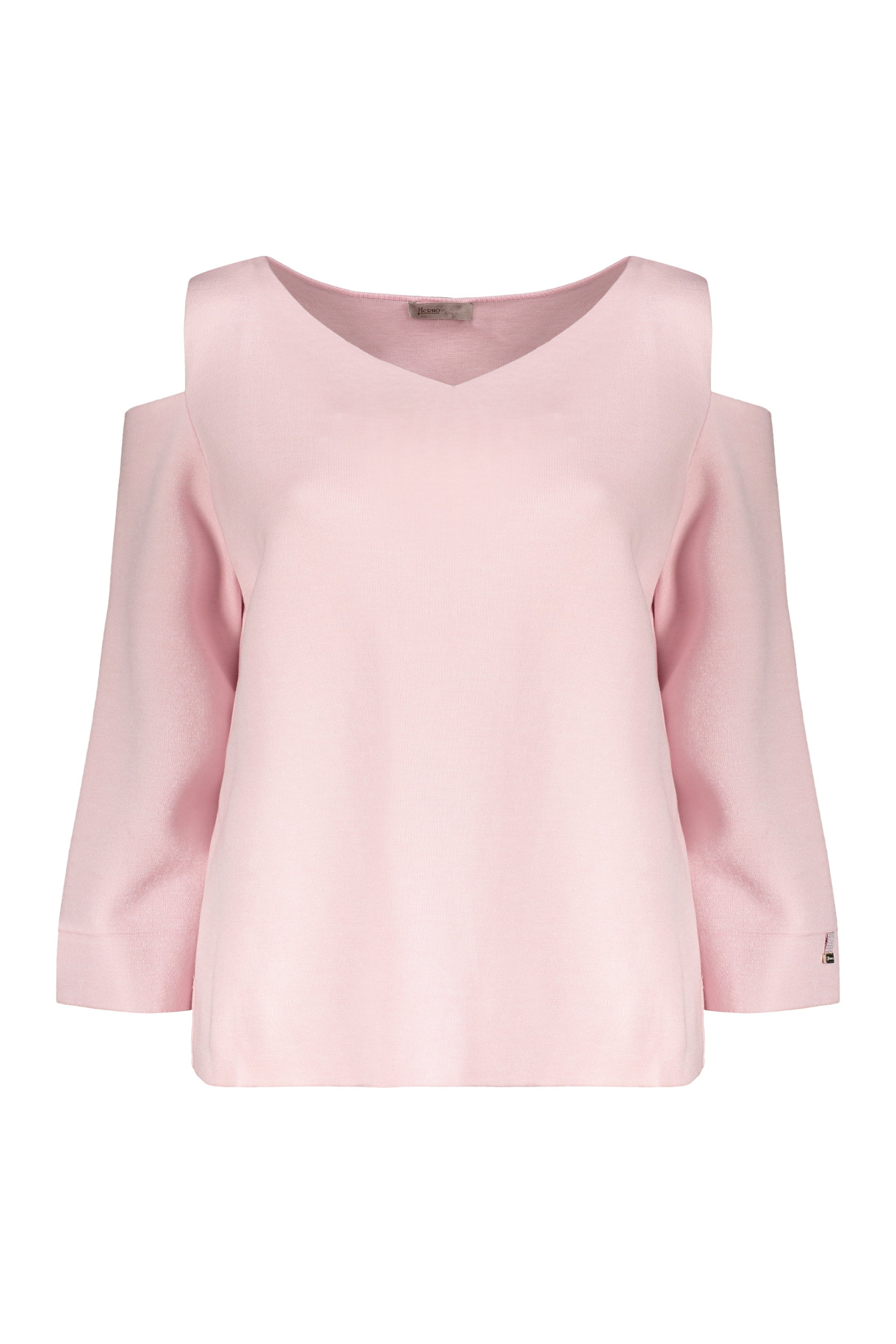 Elegant light pink sweater with a wide neckline