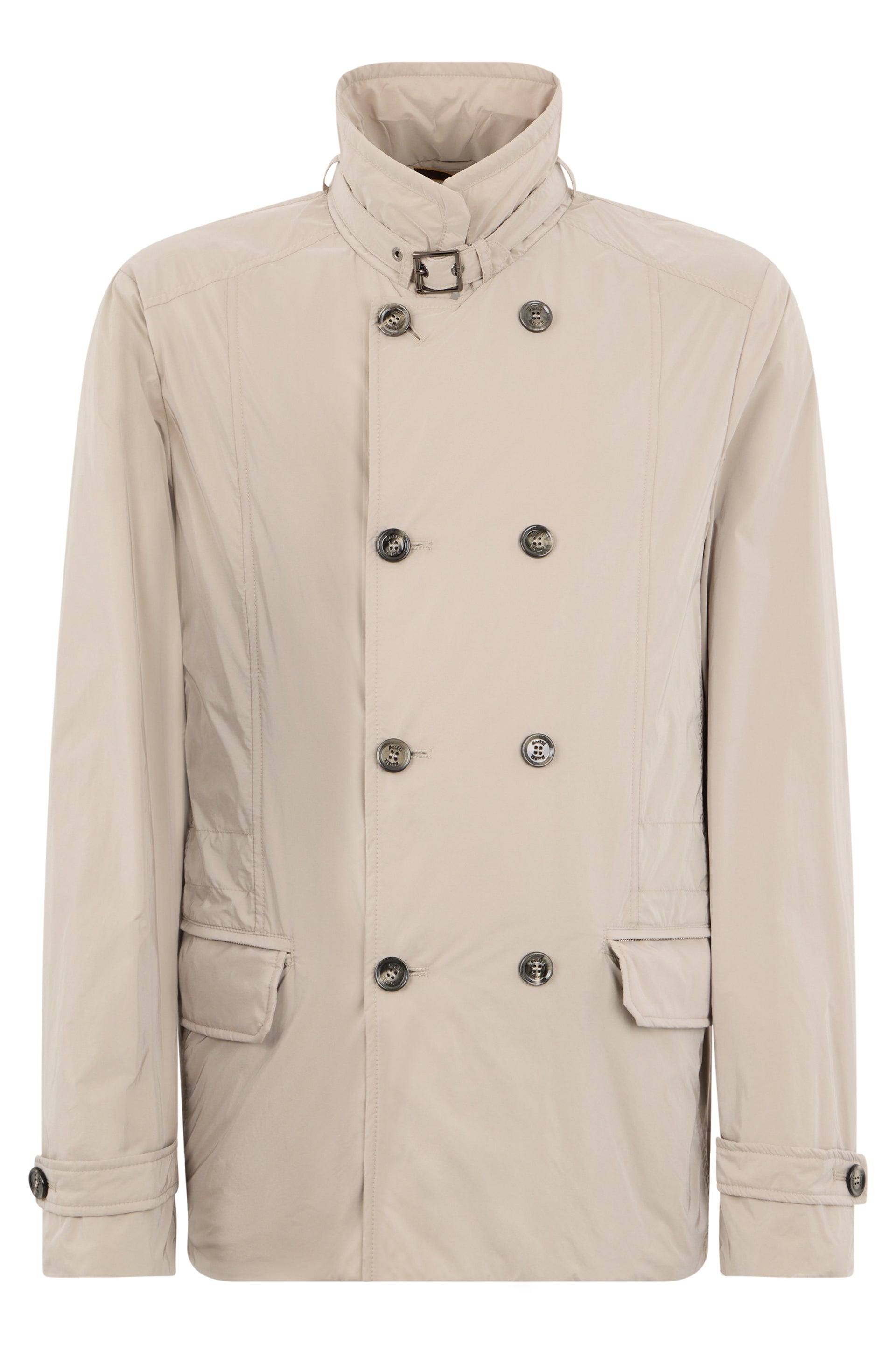 Beige double-breasted jacket with pockets, minimal and elegant.