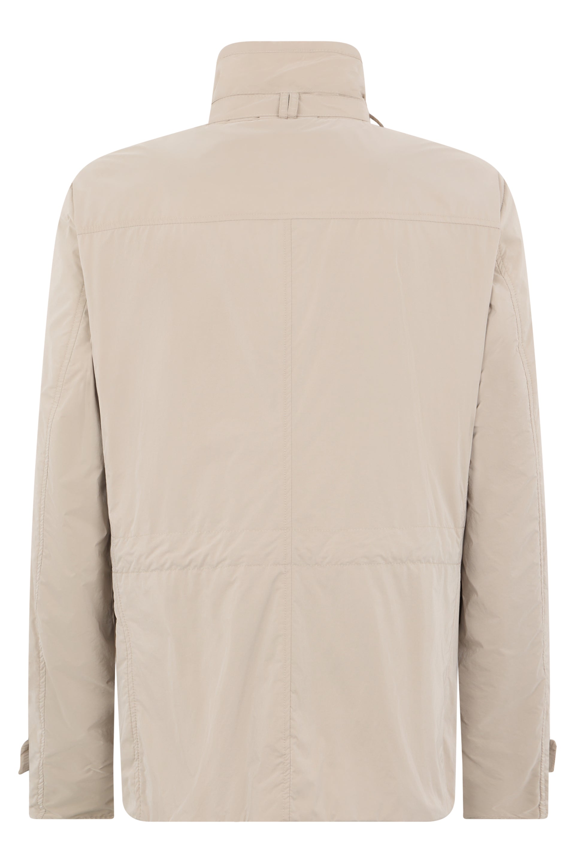 Beige double-breasted jacket with pockets, minimal and elegant.