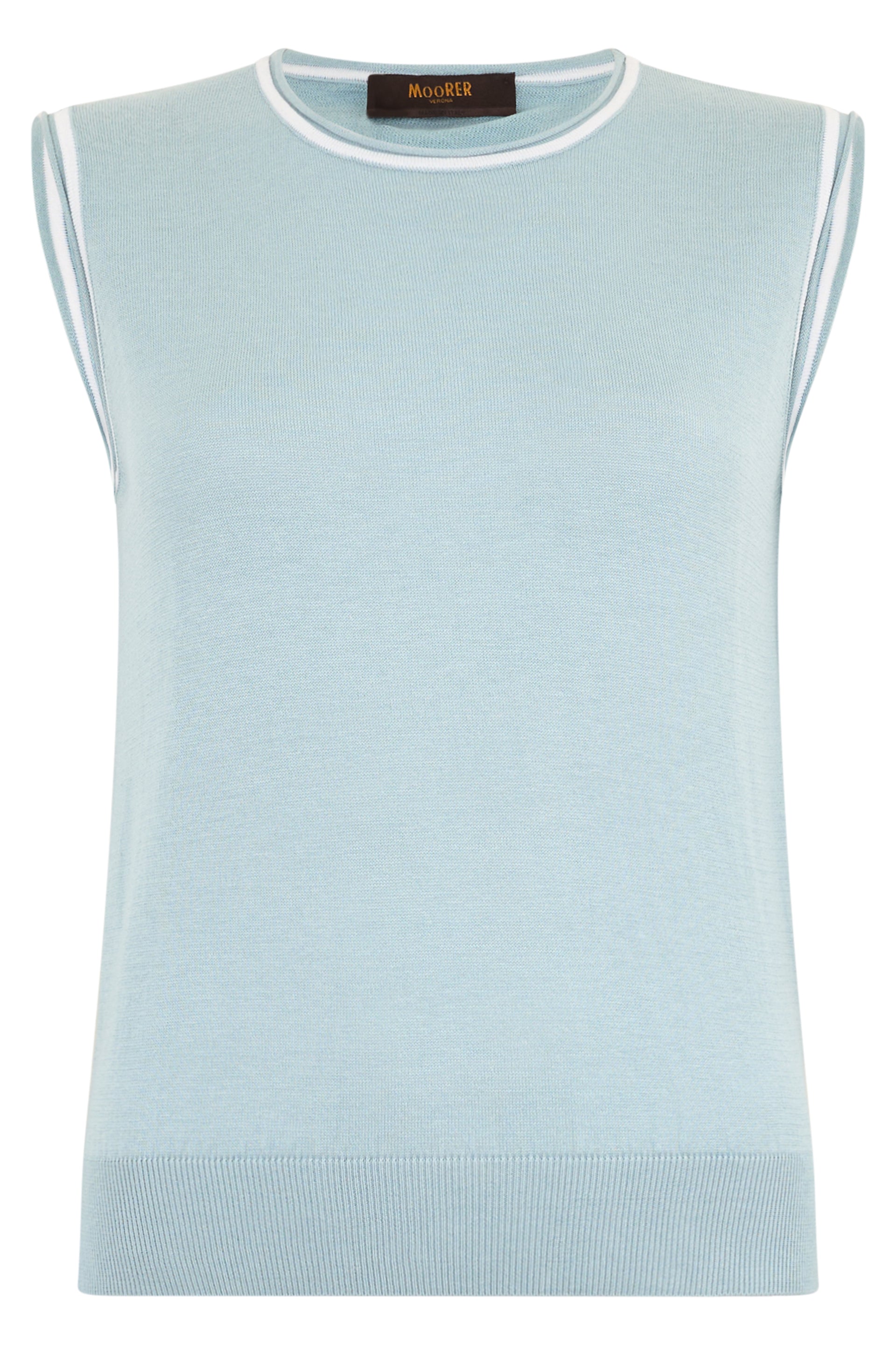 Sleeveless blue sweater, lightweight and versatile.